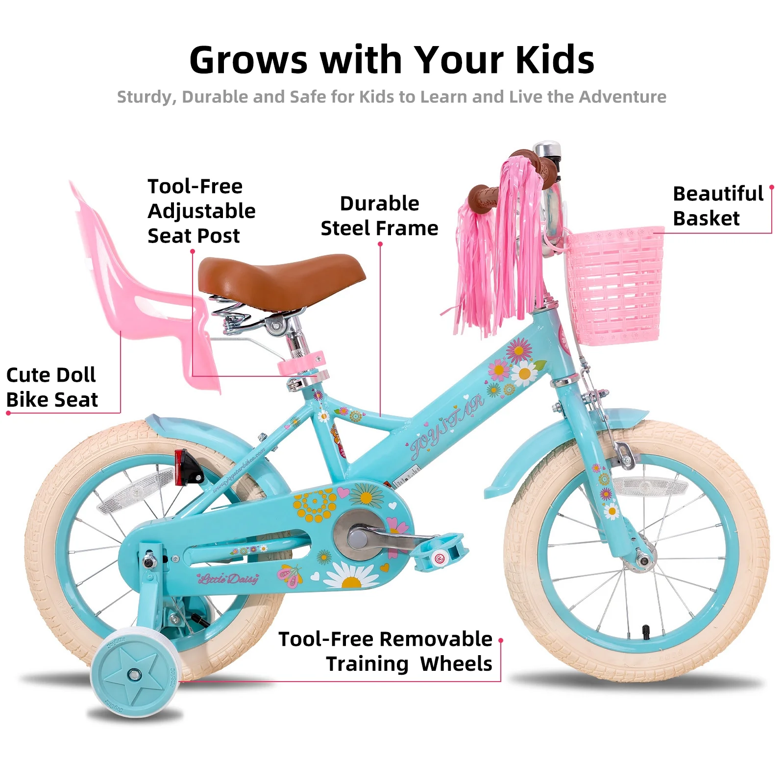 JOYSTAR Little Daisy 14 Inch Kids Bike for 3 4 5 Years Girls with Handbrake Children Princess Bicycle with Training Wheels Basket Streamer Toddler Cycle Bikes Blue - Image 2