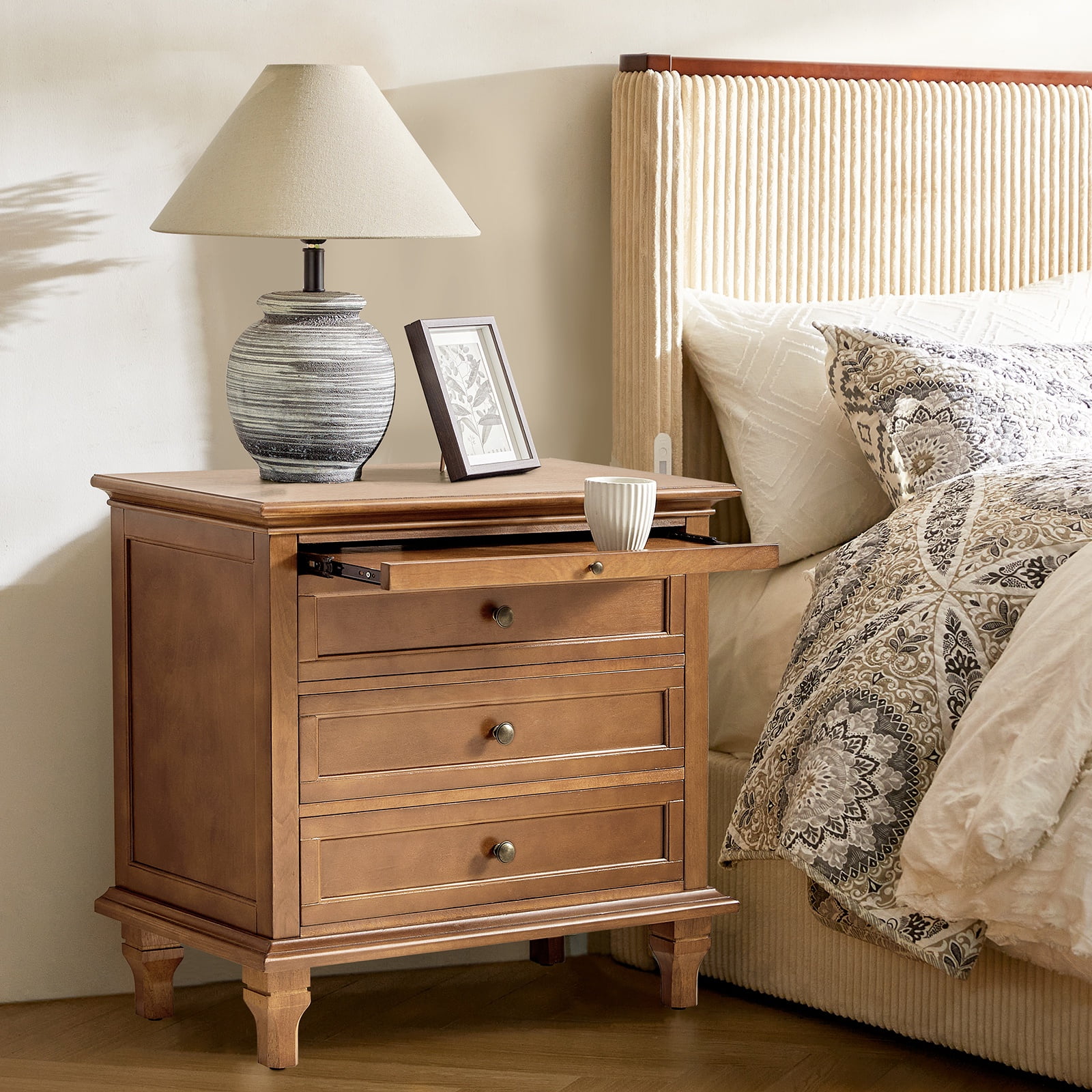 Farmhouse 3 Drawers Nightstand with Tray Bedside Table with Charging Station Acorn - Image 9