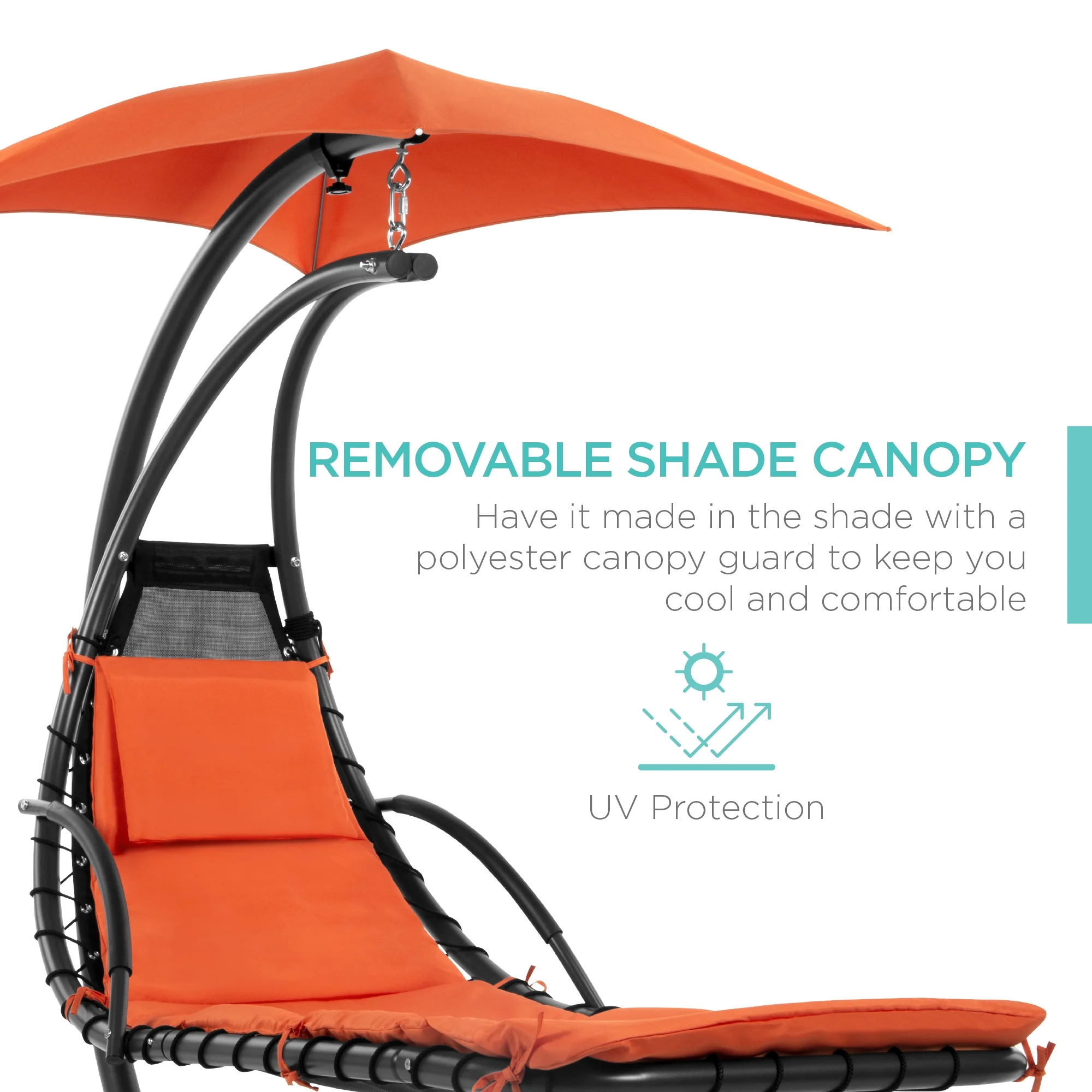 Best Choice Products Hanging Curved Chaise Lounge Chair Swing for Backyard, Patio w/ Pillow, Shade, Stand - Teal - Image 85