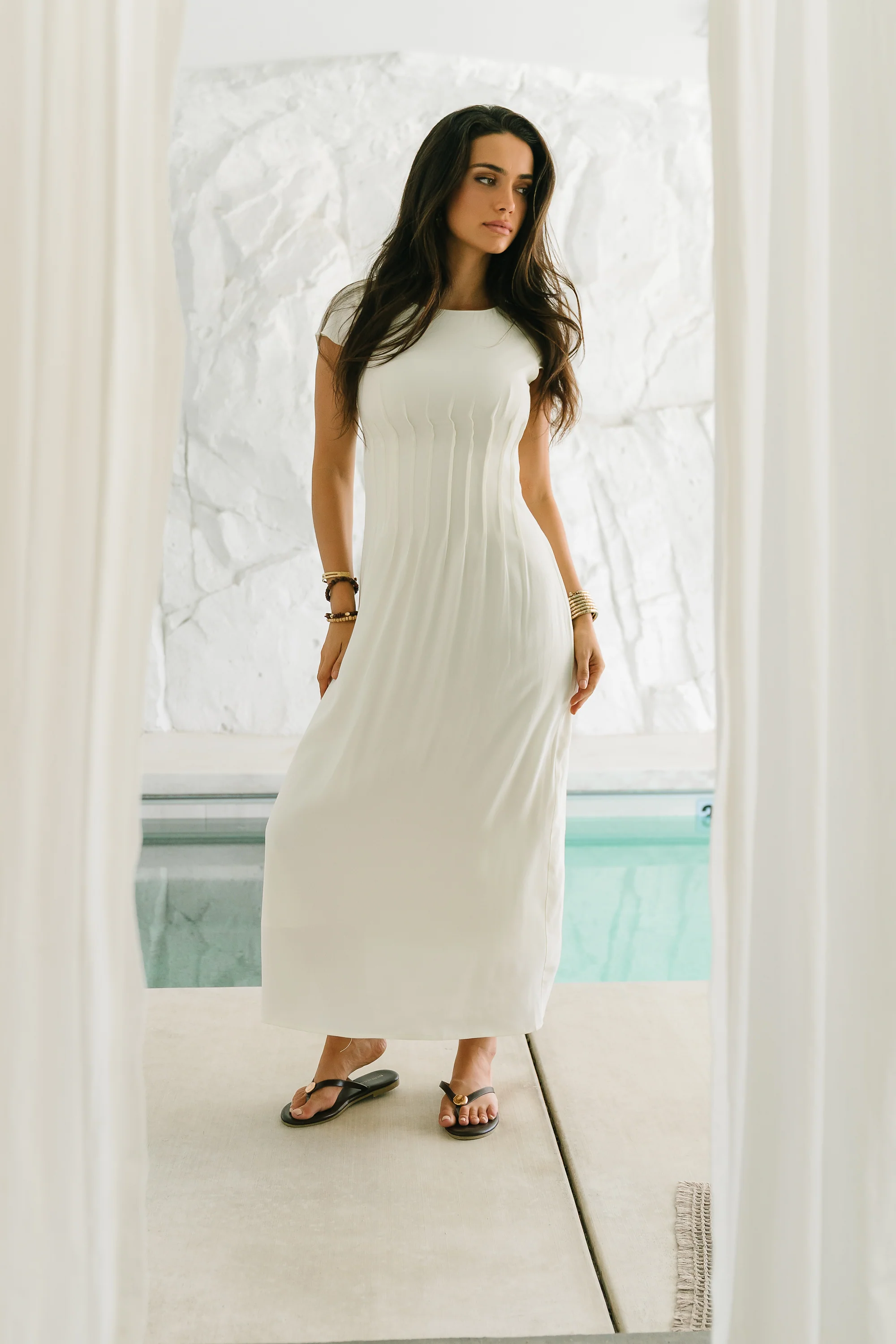 Carolina Pleated Maxi Dress in Ivory
