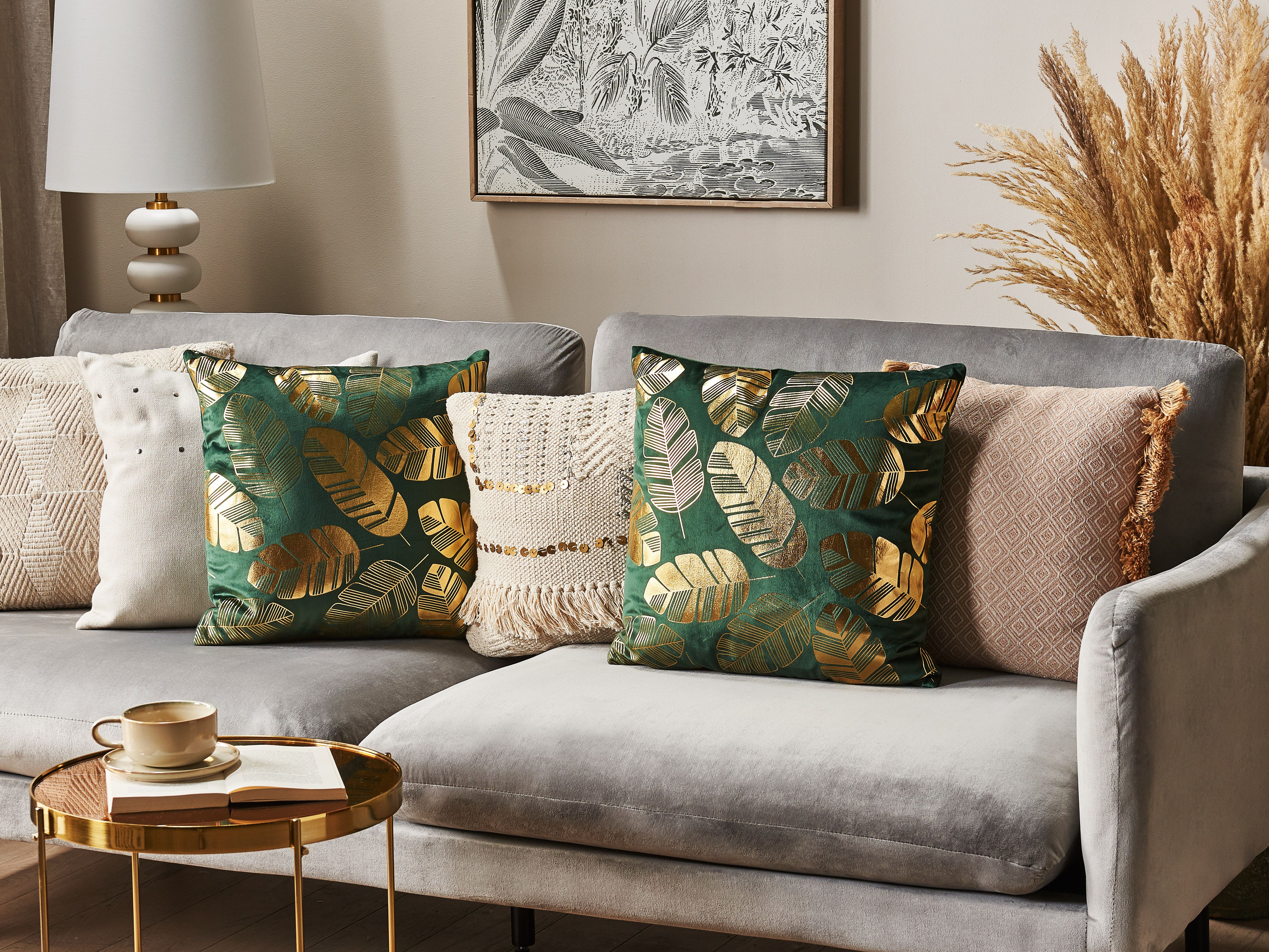 Set of 2 Decorative Cushions SUNFLOWER Velvet 45 x 45 cm Dark Green Plant Pattern