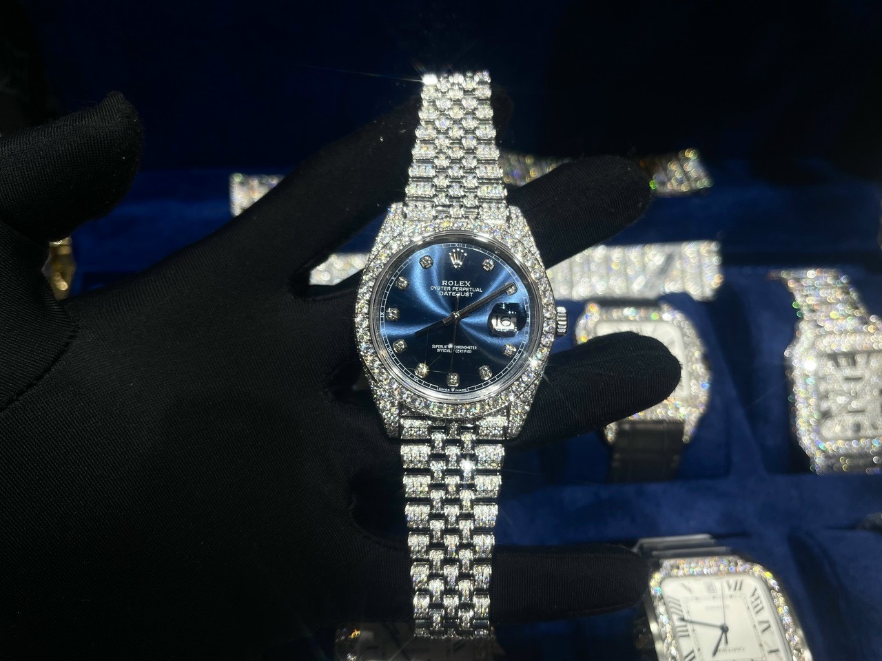 Rolex Best Replica Watch DateJust Dial Blue Custom Full Diamonds Moissanite 41mm - Elite Watch Atelier