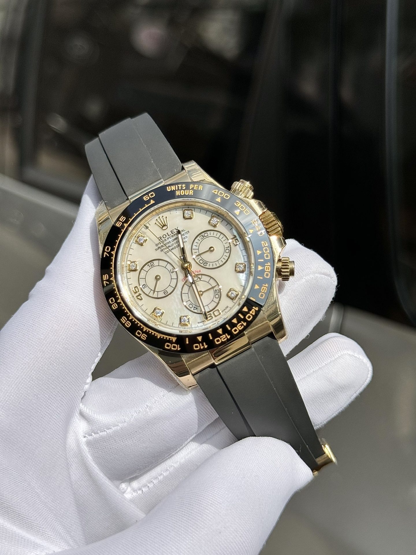 Rolex Daytona 116518 White Mother of Pearl Dial Rep 11 Watch With Moissanite Diamond Clean Factory 40mm - Elite Watch Atelier