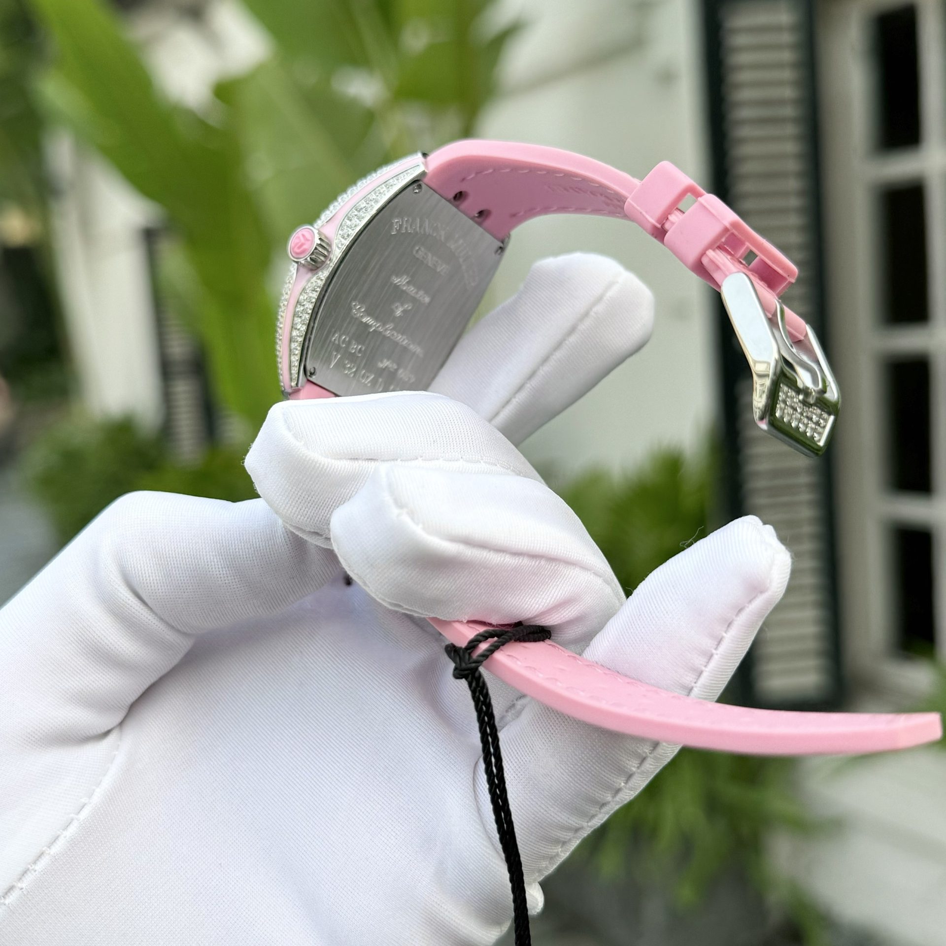 Franck Muller Replica 1:1 Watch V32 With Full Diamonds Pink Rubber Strap ABF Factory 32x40mm - Top club