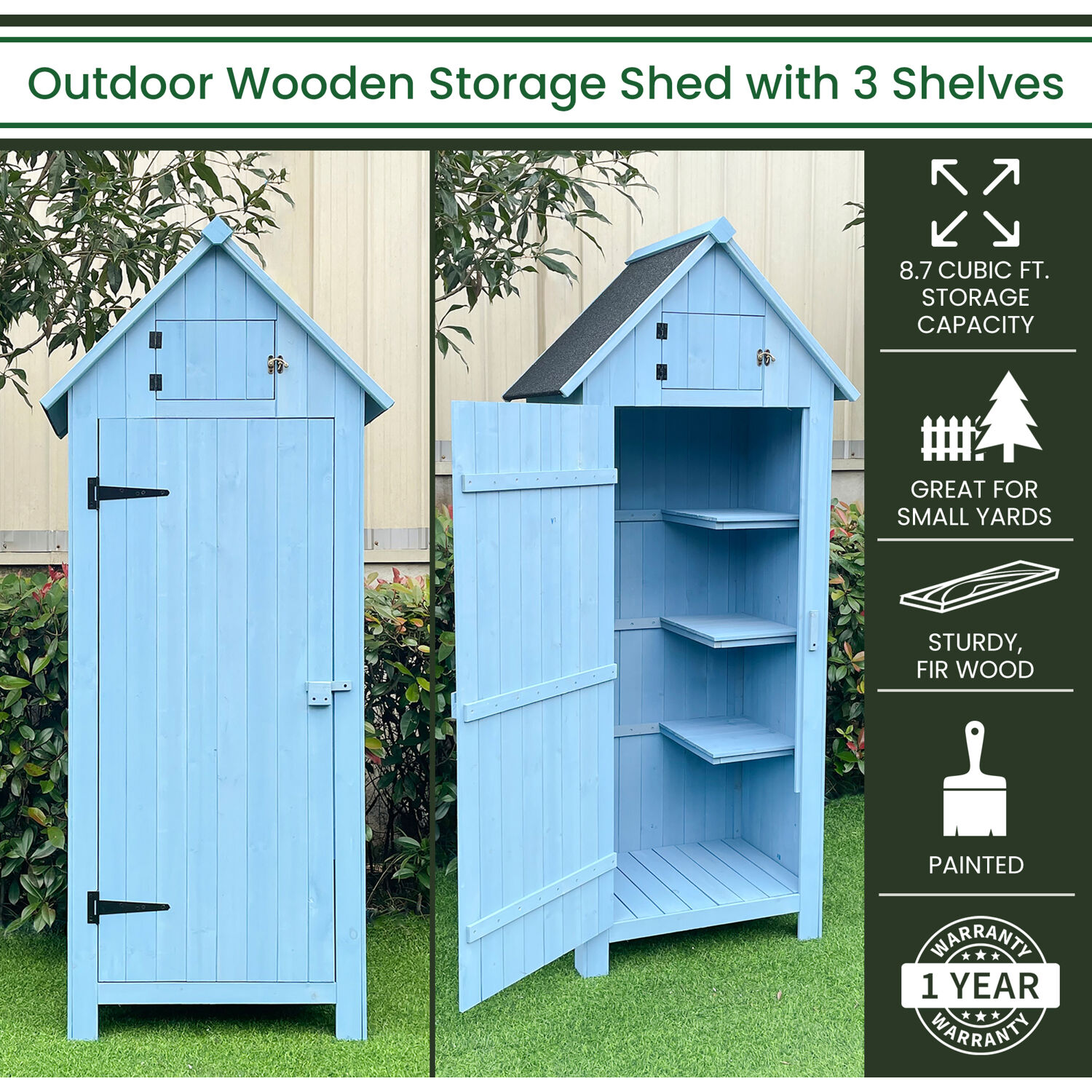Hanover Sturdy Durable Waterproof Wood Outdoor Vertical Storage Shed, 70.40"x 30.30"x21.30", Blue - Image 2