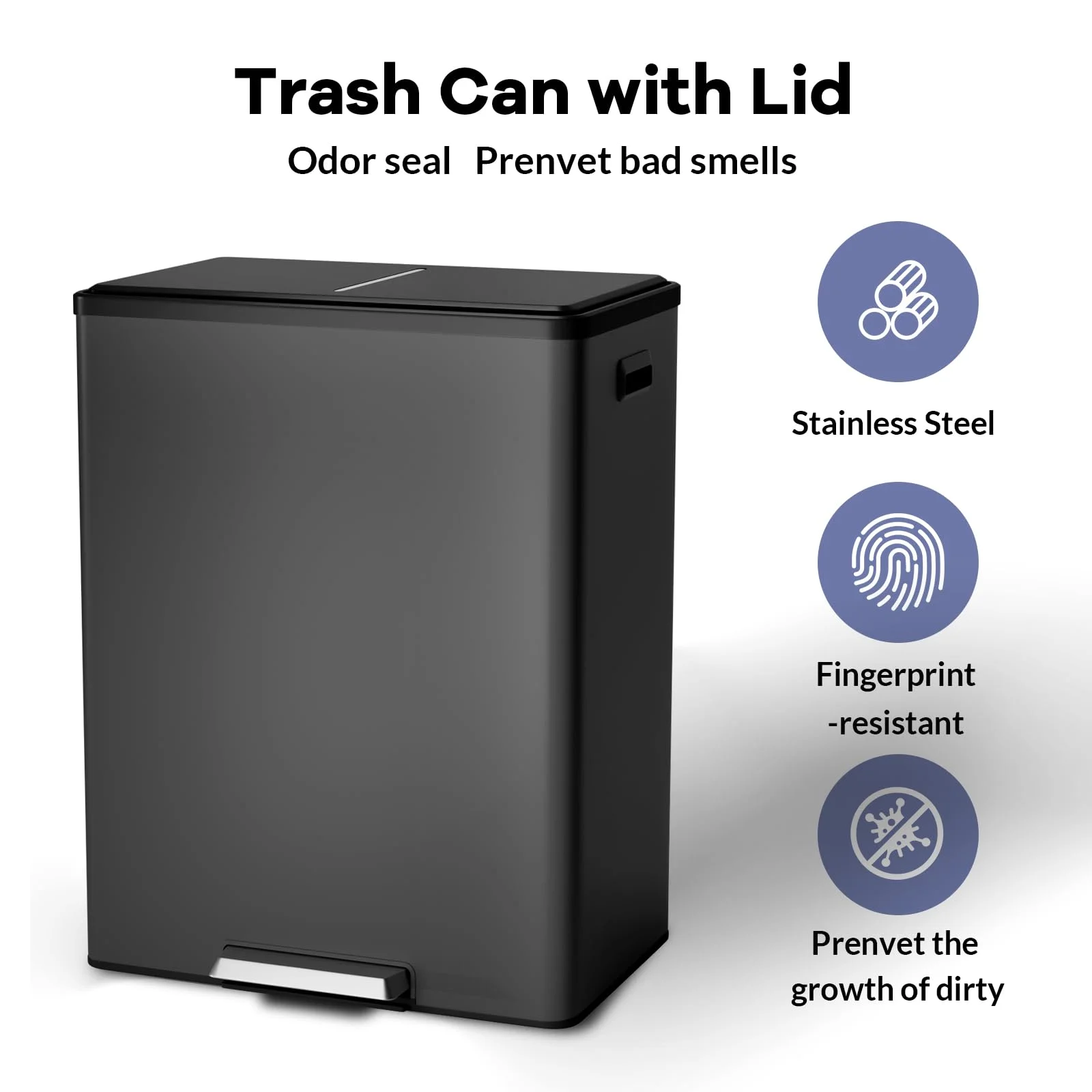 JoanKaren 16 Gallon Stainless Steel Dual Compartment Step Kitchen Trash Can with Lid & 2 Removable Wastebaskets,Kitchen Garbage Can & Recycling Bin,Black - Image 2