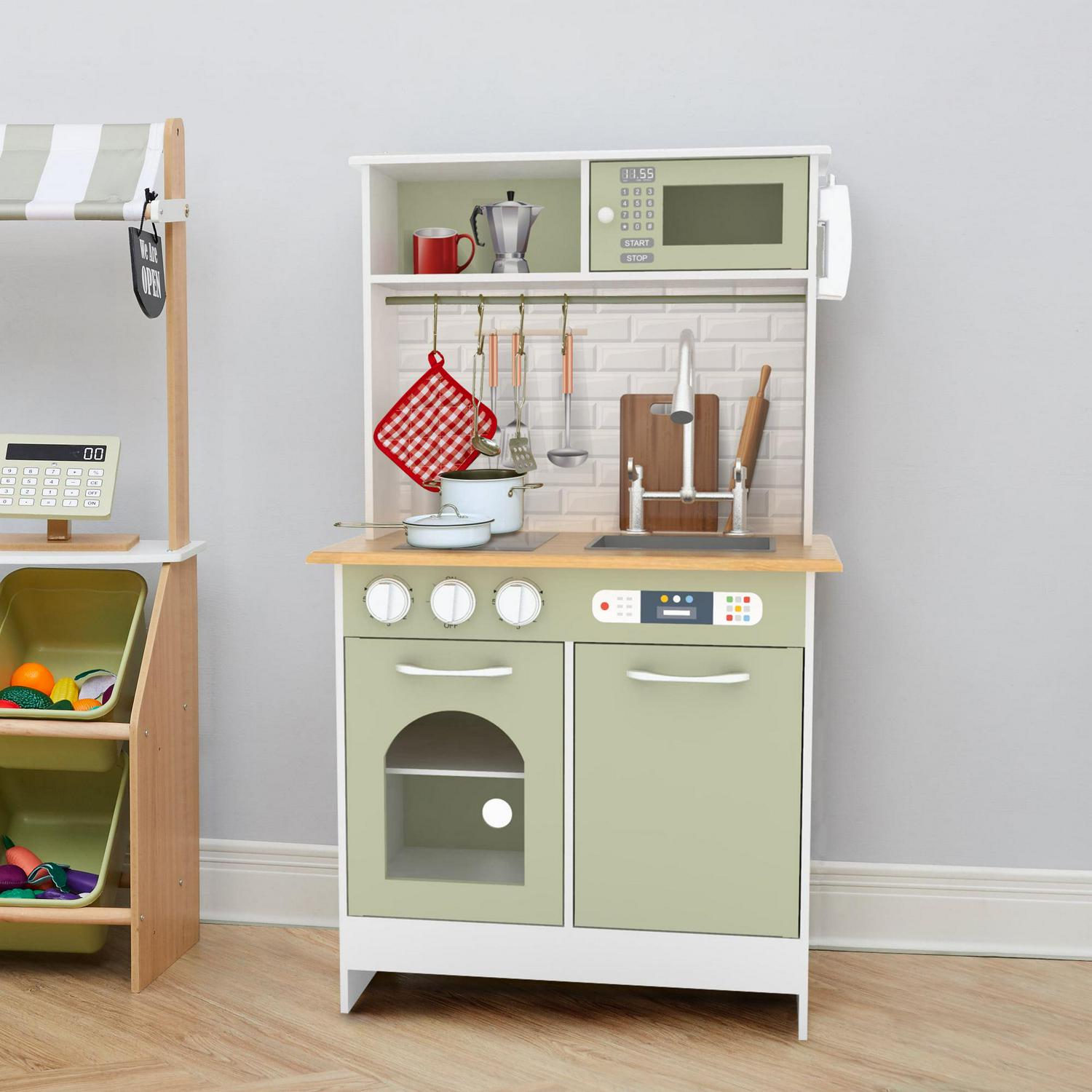 Teamson Kids Little Chef Boston Modern Kitchen Playset. 9 Pcs Acc Set. Oven. Microwave. Burner. Sink. White/Green