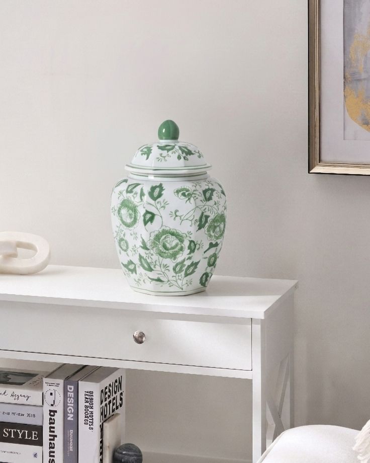Lidded Vase FERROL Porcelain 29 cm White/ Green