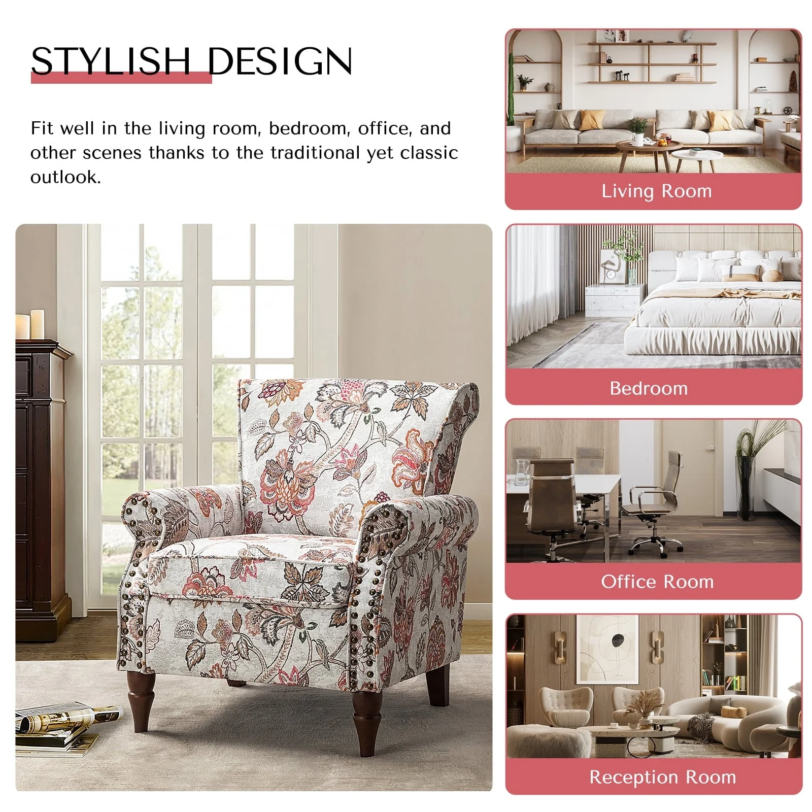 14 Karat Home Wingback Accent Chair Removable Cushion Floral Upholstered Sofa Armchair Couch Wood Legs Nailhead Trim Pink - Image 7