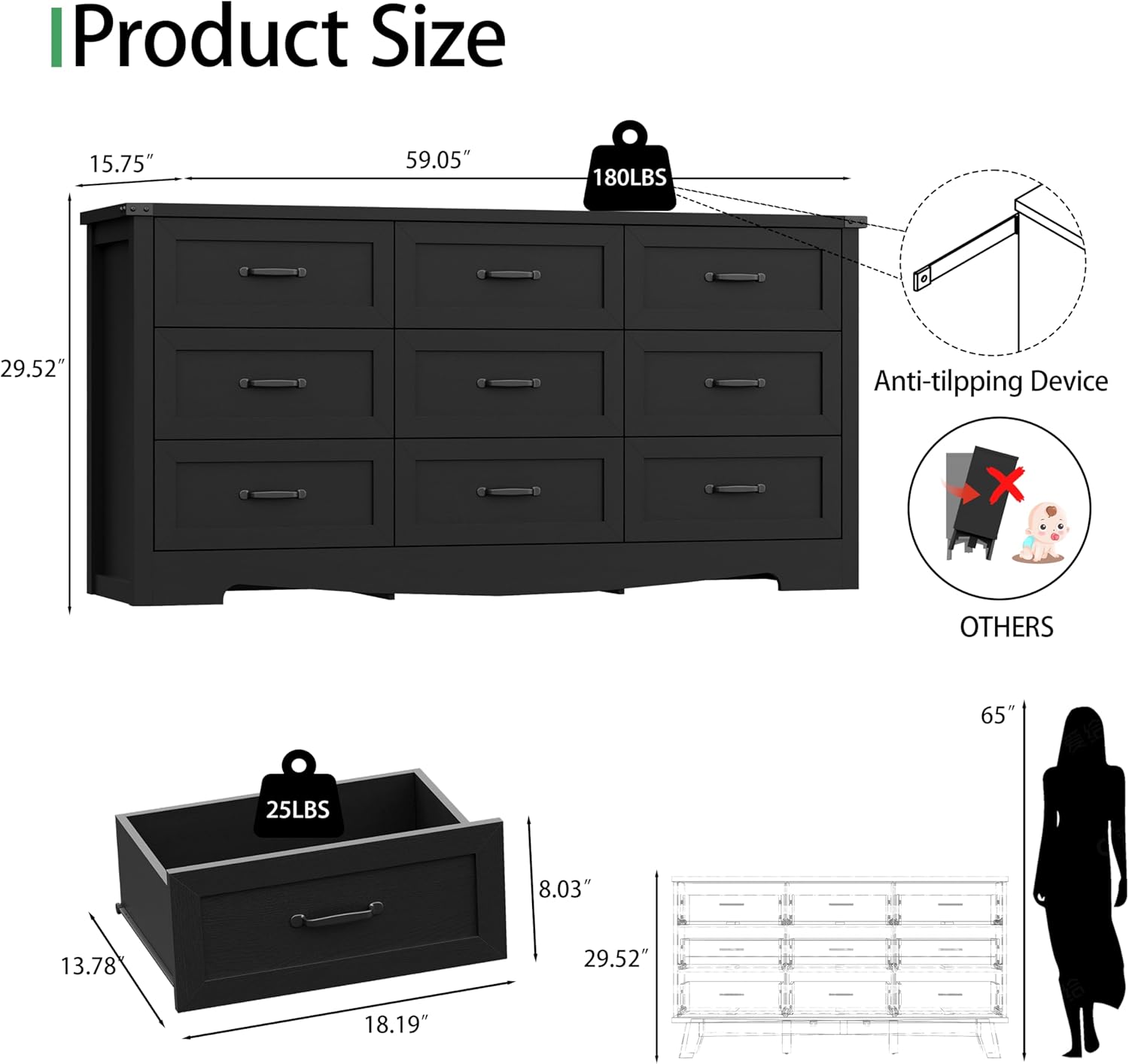 Dresser for Bedroom with 9 Drawers, 59