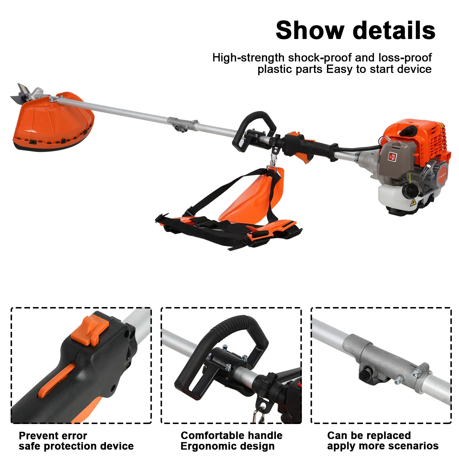 Gas Weed Eater 52cc, Powerful 2-Stroke Engine Weed Wacker with Multi-Function Attachments, 9500rpm Gas Powered Brush Cutter, Orange, for Lawn & Garden - Image 3