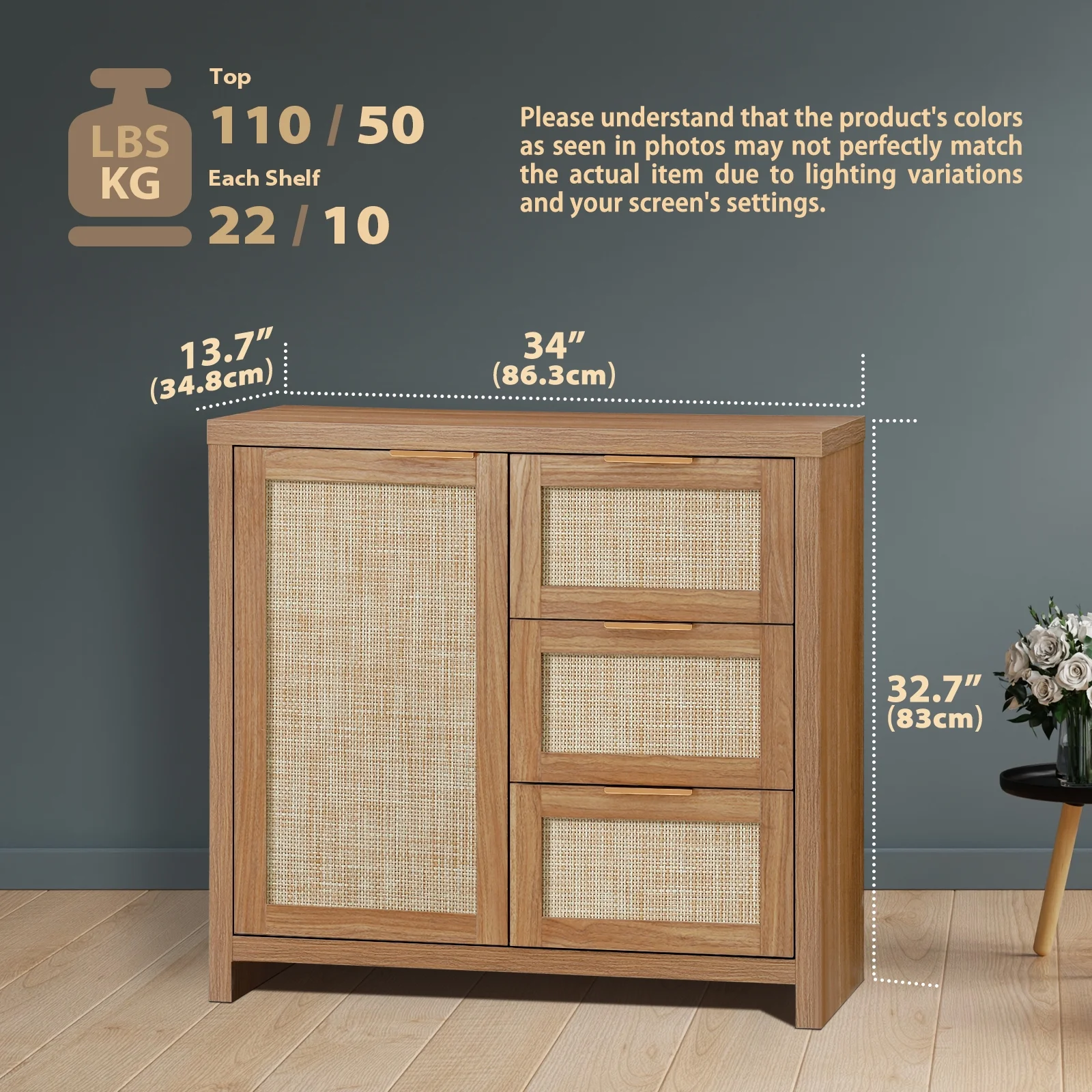 ARKANTOS Sideboards and Buffets, Boho Storage Cabinets with Rattan Doors and Drawers, Natural Oak - Image 2