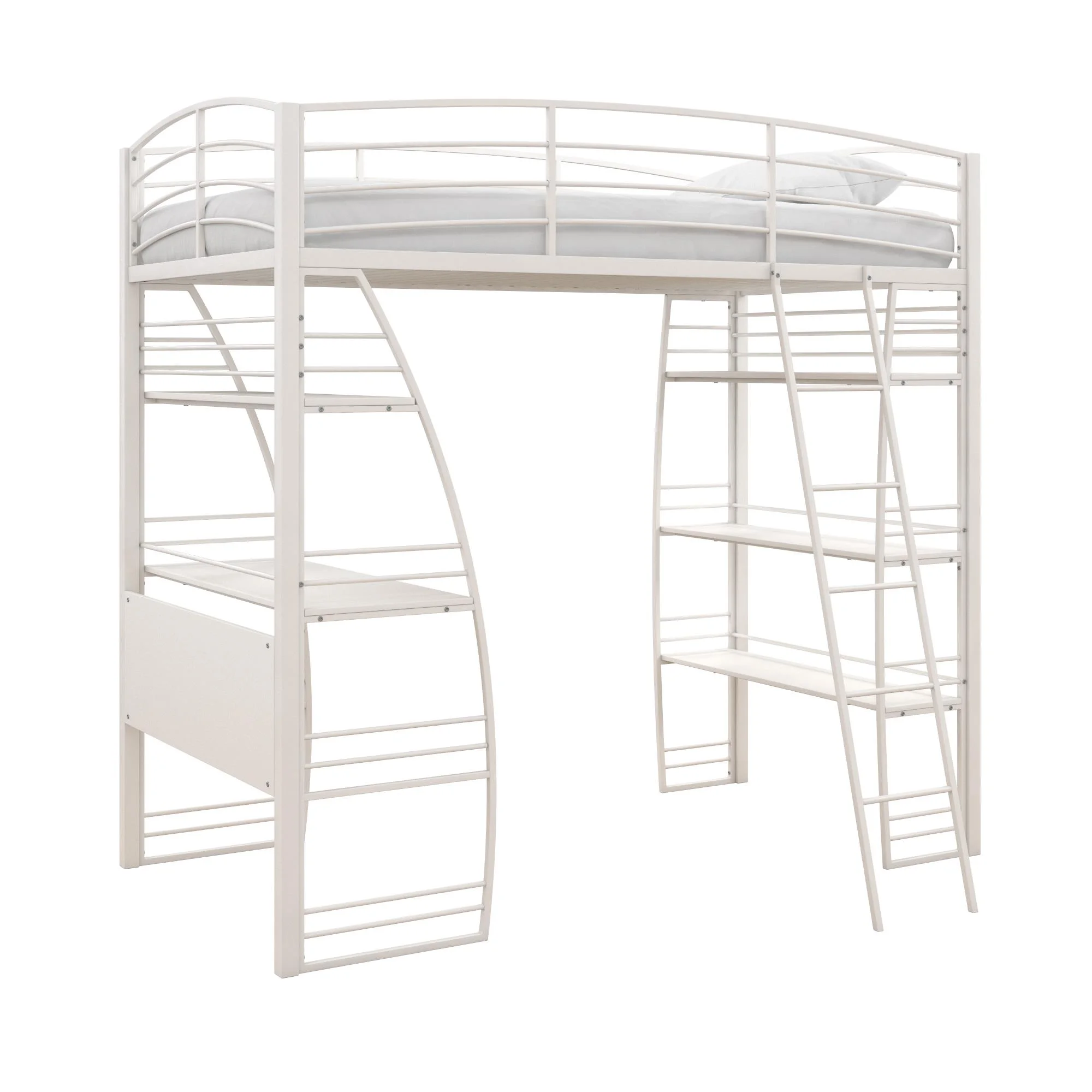 DHP Sage Studio Twin Metal Loft Bed with Integrated Desk and Shelves, Off White