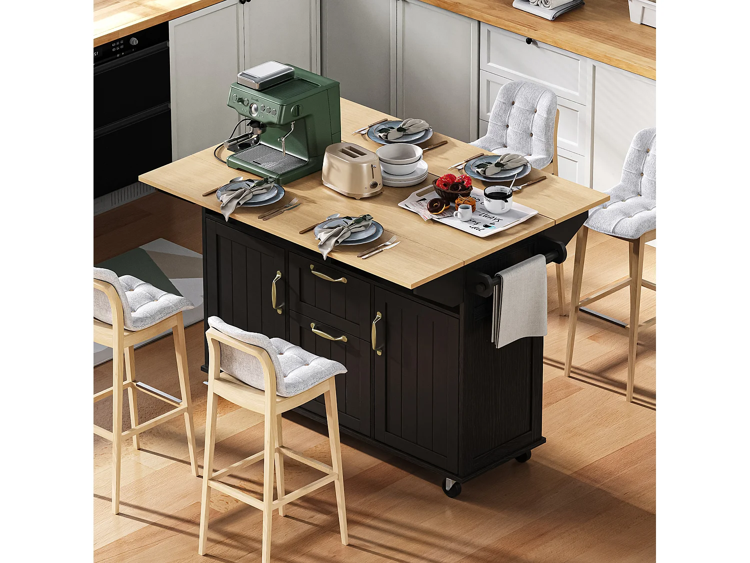 Îlot central extensible avec roulettes - 120 x 40/60/80 x 92 cm - avec 2 portes + 2 tiroirs - MDF - noir + naturel