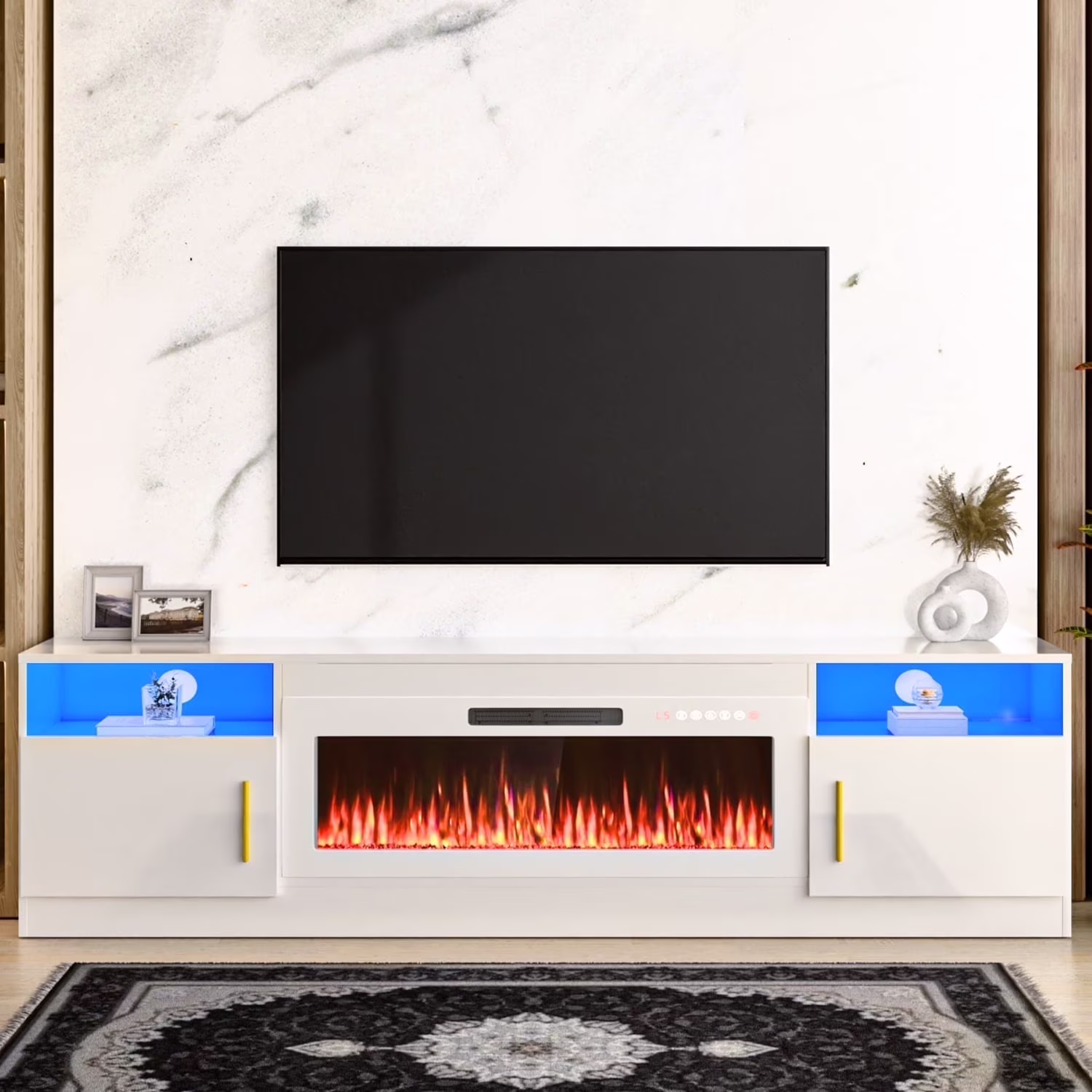 Waleaf Fireplace TV Stand with 36" Electric Fireplace Up to 80" TVs, Modern Wood Media TV Console with Highlight Cabinet, White - Image 11