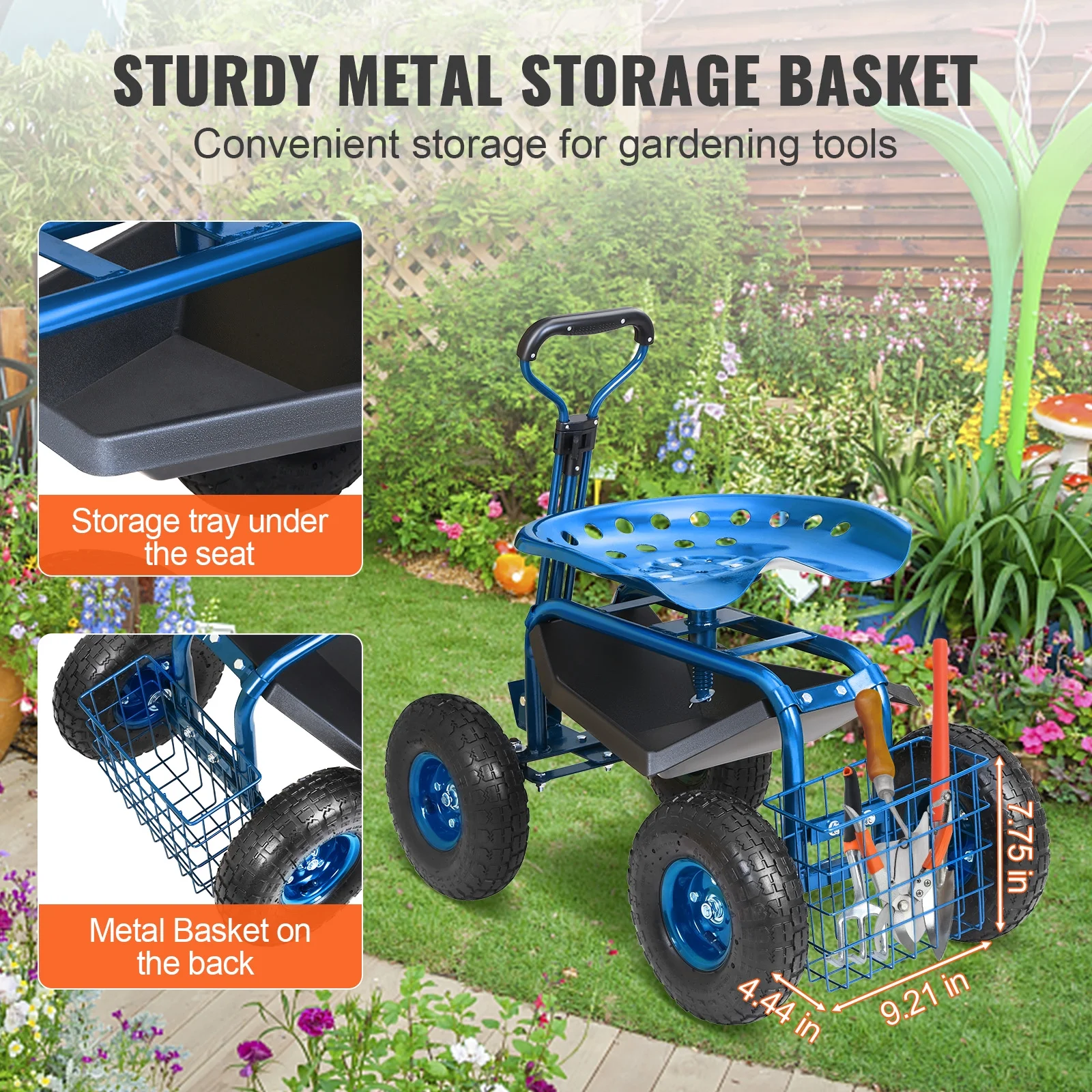 KFFKFF Outdoor Cart with Rotating Seat, Planting Stool on Wheels, Garden Trolley with Directional Handle and Handy Tool Tray, Ideal for Lawn, Patio, and Outside Areas, Blue
