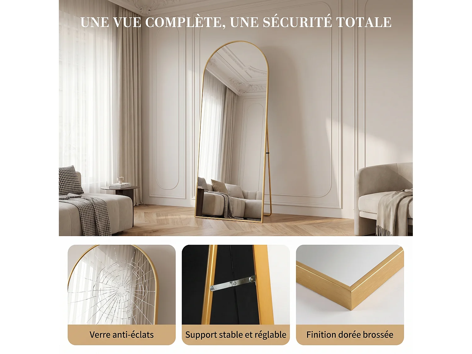 Miroir sur pied 162 x 53 cm - cadre en alliage d'aluminium - forme arquée - doré