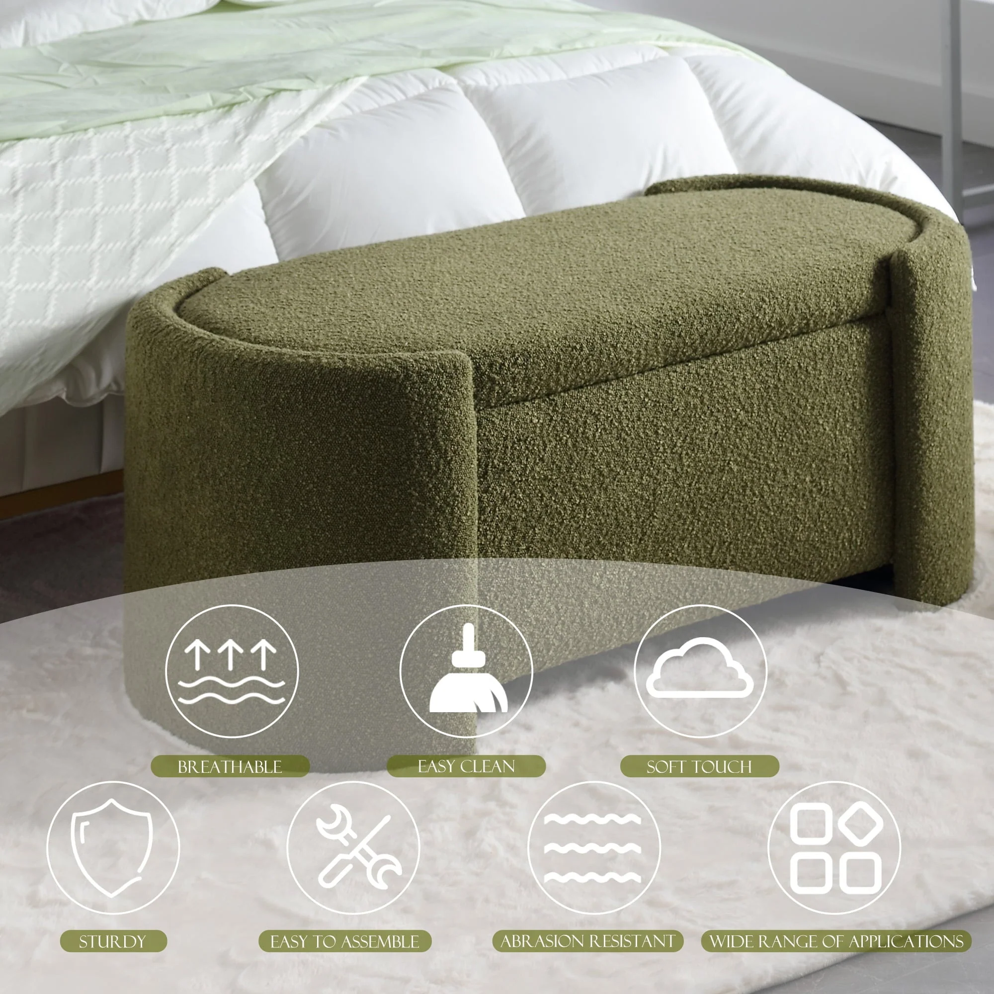 KINFFICT 43.3" Velvet End of Bed Bench for Bedroom, Upholstered Storage Ottoman Bench Entryway Bench with Storage for Living Room Bedroom, Green - Image 3