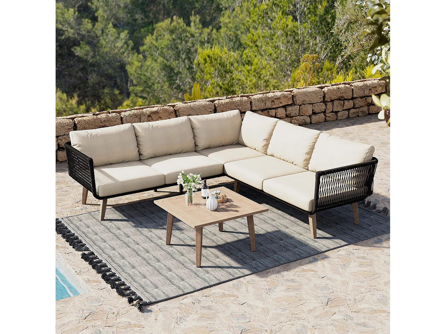 Salon de jardin modulable en acier galvanisé : 1 canapé 3 places + 1 canapé 2 places + 1 table basse - Beige + noir