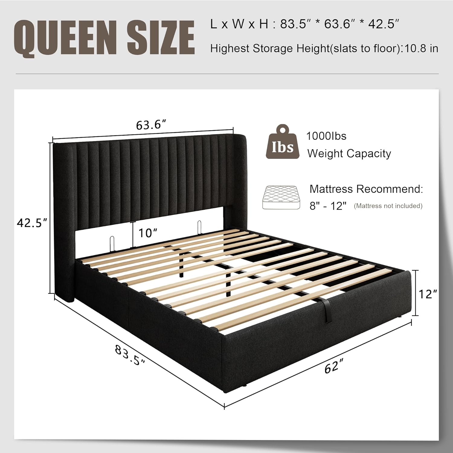 Queen Size Lift Up Storage Bed Frame with Wingback Headboard, Linen Upholstered Platform Bed with 10.8