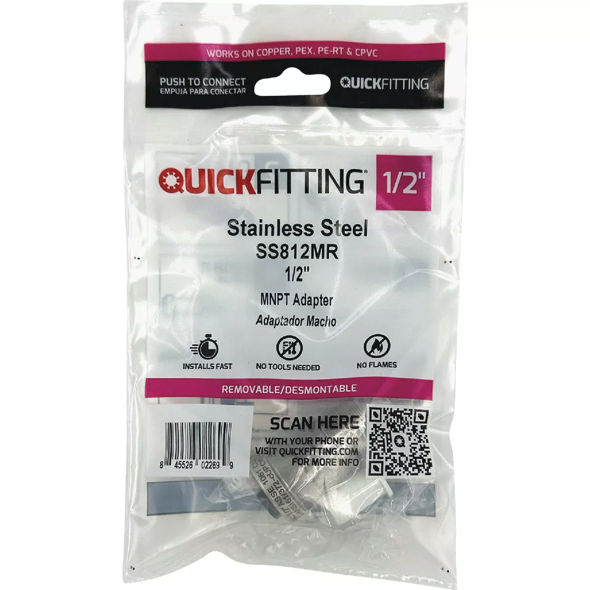QuickFitting 1/2 In. Push-to-Connect x 1/2 In. MNPT Stainless Steel Straight Male Adapter