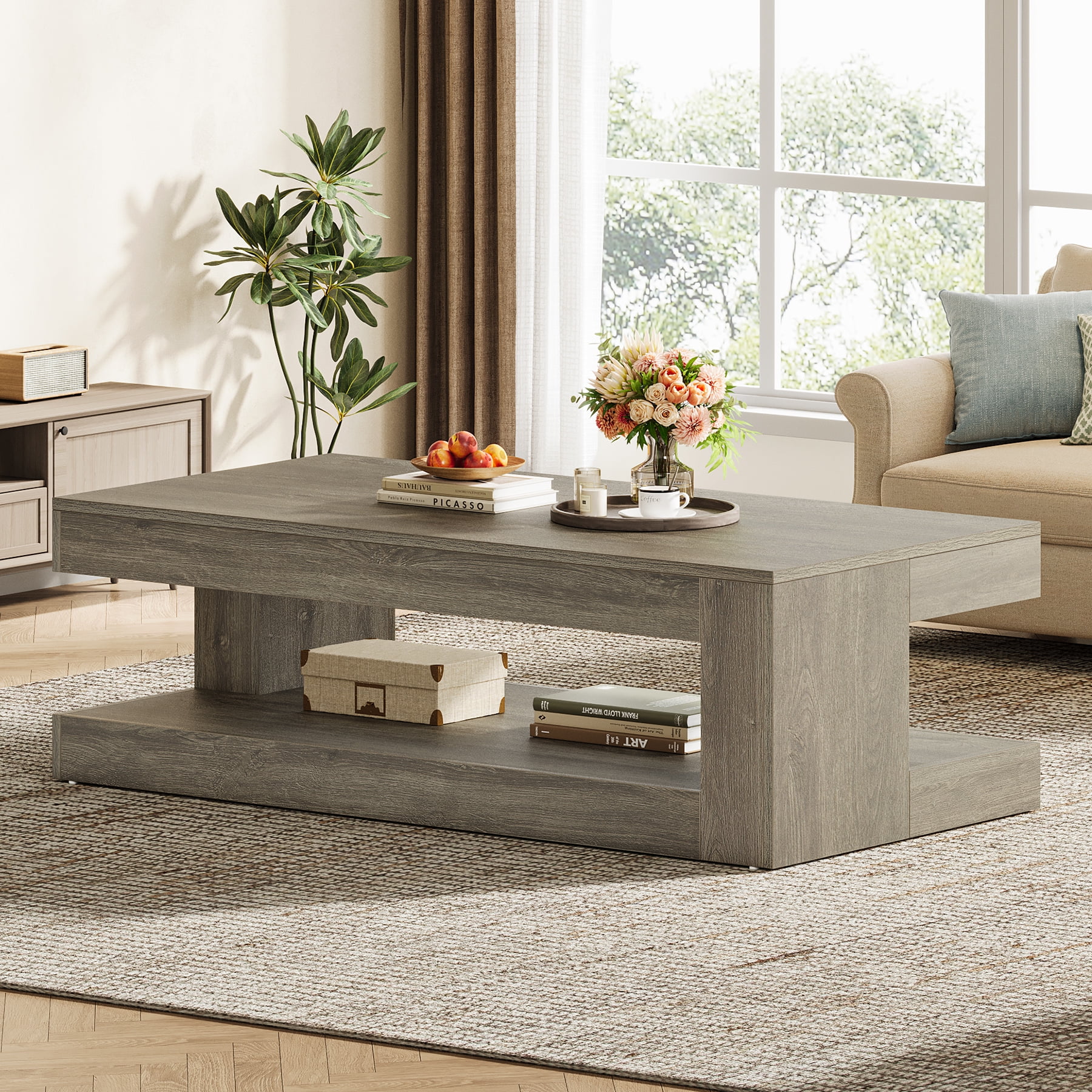 Tribesigns Coffee Table for Living Room, 47.24-Inch Farmhouse 2-Tier Accent Center Tea Cocktail Table with Storage, Elegant Grey, Rectangular - Image 8