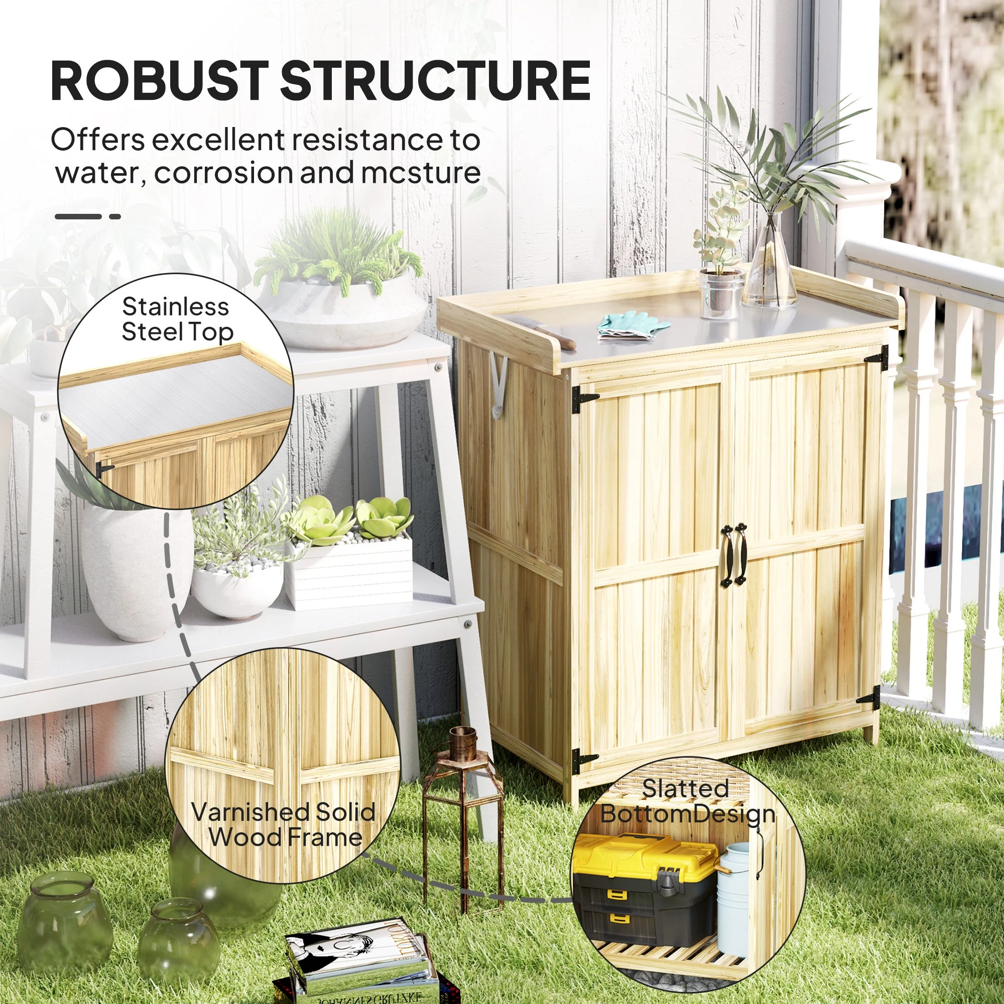 Outsunny Outdoor Garden Shed, Wooden Backyard Shed with Metal Tabletop, Shelf and 2 Doors for Patio, Lawn, Gray - Image 15