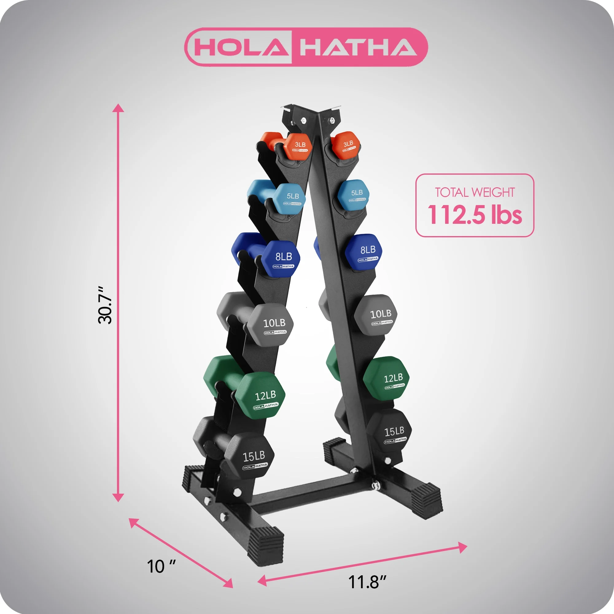 HolaHatha Neoprene Dumbbell Weight Set with Rack (Black), 112.5 lb - Image 15