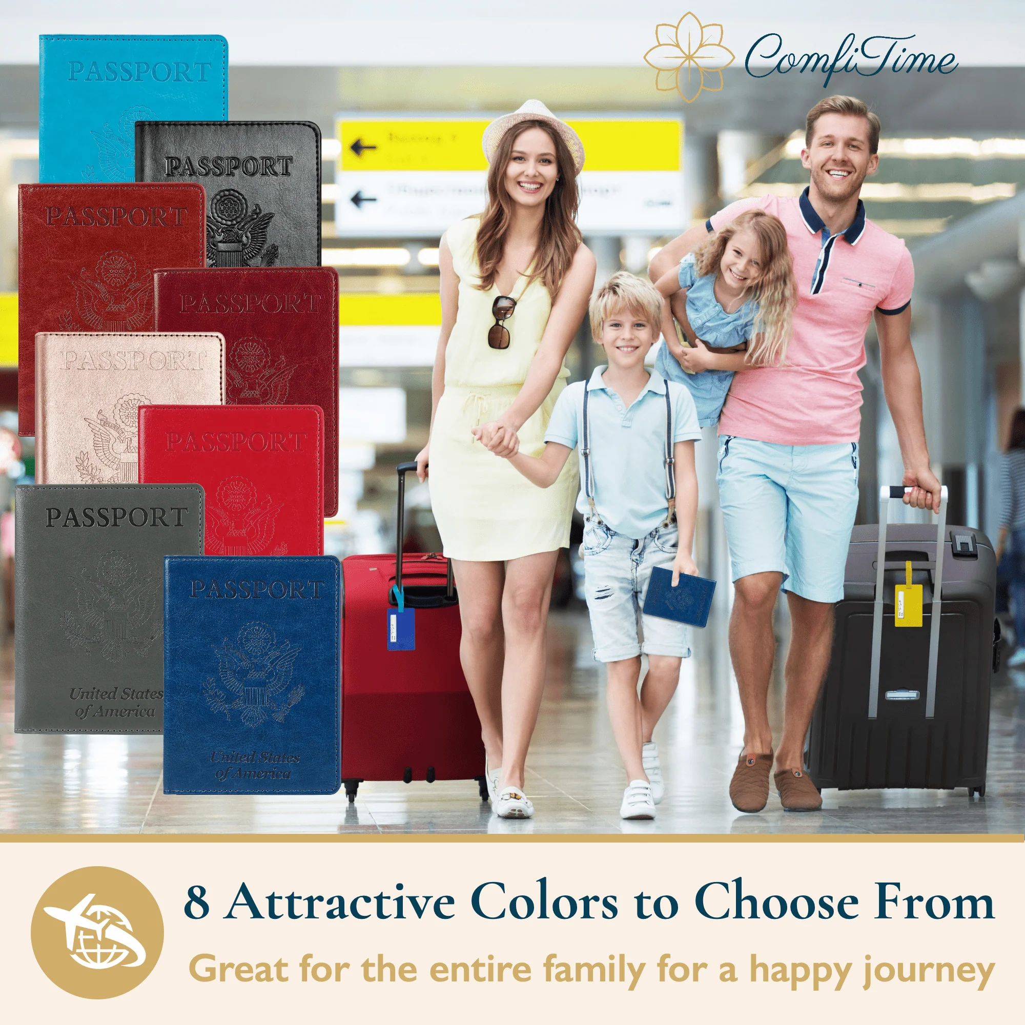 ComfiTime Passport Holder �?Slim Passport Wallet with Vaccine Card Holder and Credit Card Slots, 2 Bonus Travel Luggage Tags, Waterproof PU Leather Passport Cover/ Case, Navy Blue