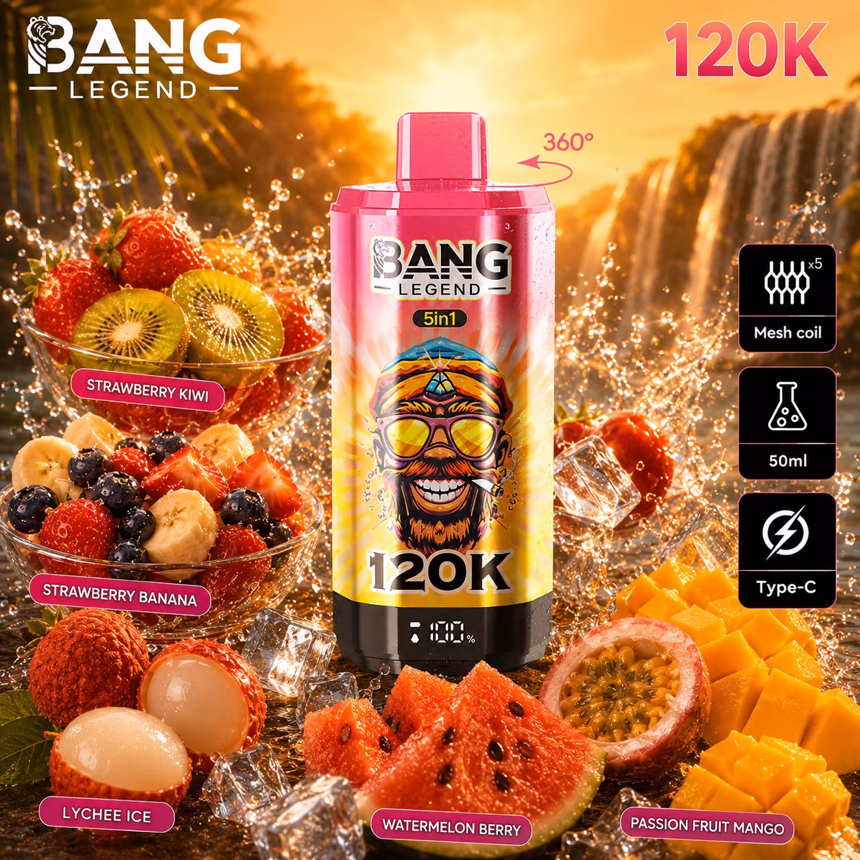 BANG LEGEND 120 000 puffów 5w1 – Strawberry Kiwi, Strawberry Banana, Lychee Ice, Watermelon Berry, Passion Fruit Mango