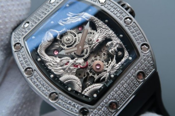 Replica Richard Mille RM057 Dragon Phoenix SS Case Diamonds Bezel Silver Dial Black Rubber Strap - Top club