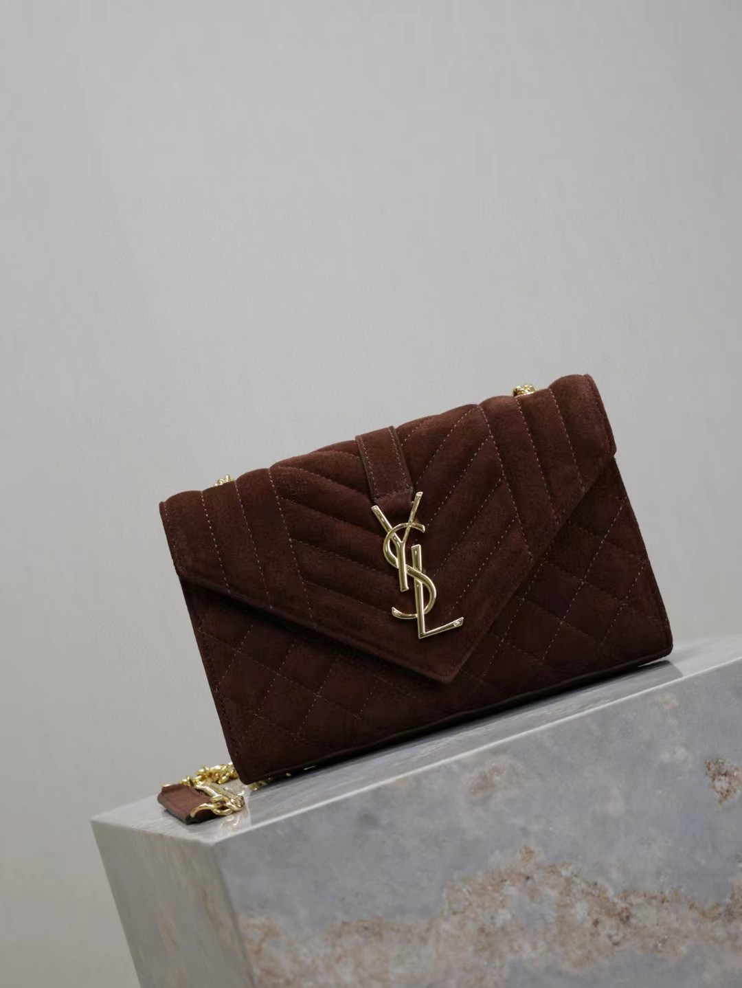 Saint Laurent Envelope Triquilt Small YSL Shoulder Bag in Suede