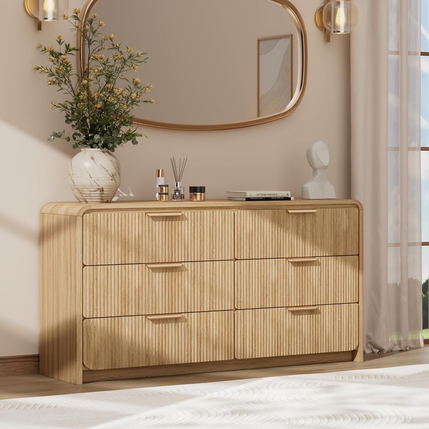 Fluted 6 Drawer Dresser, 47” Wide Wooden Storage Chest with Rounded Curved Corners and Gold Handles, Natural Oak Wood Dresser for Bedroom, Living Room, Hallway