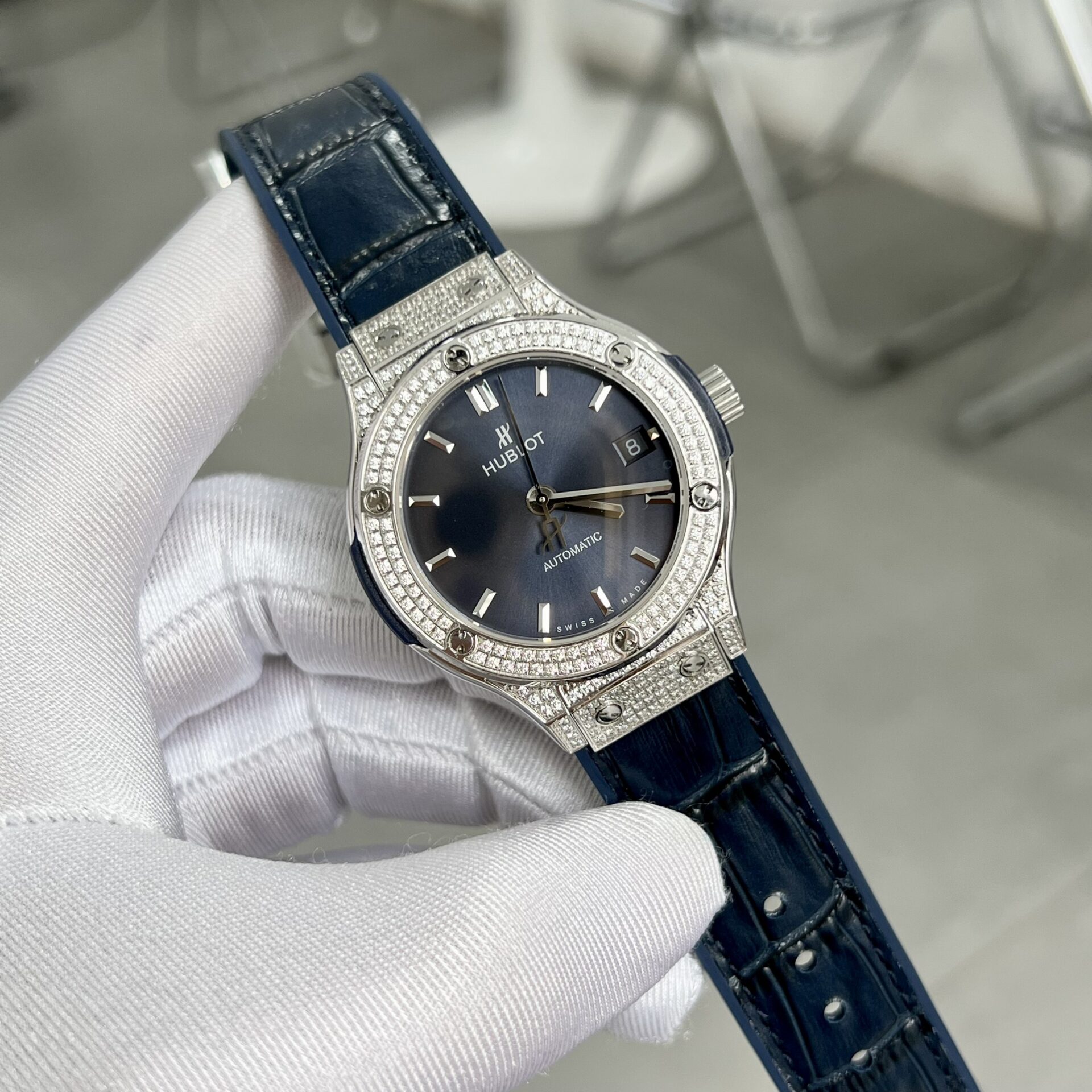 Hublot Replica 11 Watch With Full Diamond Case Blue HB Factory 38mm - Elite Watch Atelier