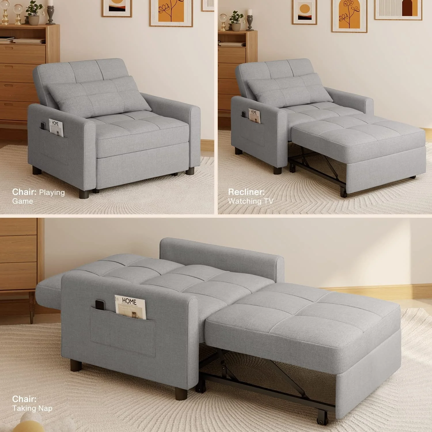 Lofka Chair Bed, Convertible Sofa Bed Couch Recliner Single Bed for Living Room/Office/Bedroom, Light Gray - Image 5