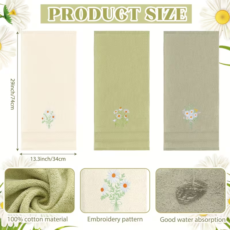 Solid Color Daisy Embroidered Towel, High Quality Bathroom, Hotel Suitable, Hand Towel, Face Towel