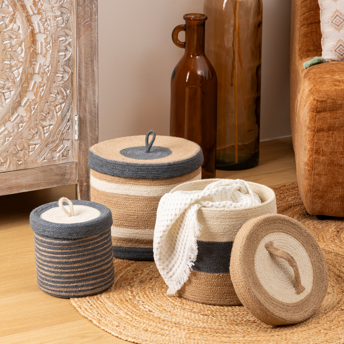 3 baskets "Oceane" Jute, Multicolored, H.18/24.5/27 cm