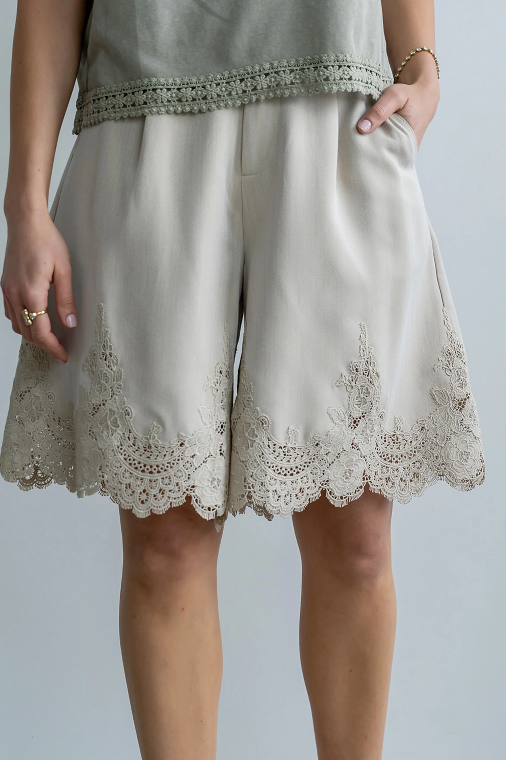 PREORDER - Mazie Lace Trim Shorts in Tan