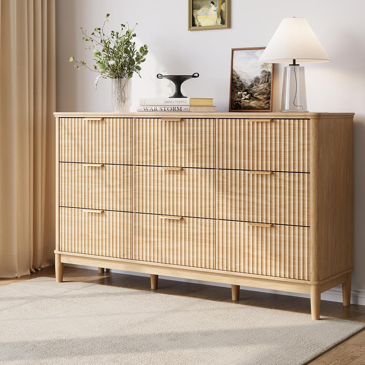 LINSY HOME Fluted Dresser for Bedroom with 9 Drawers, 58