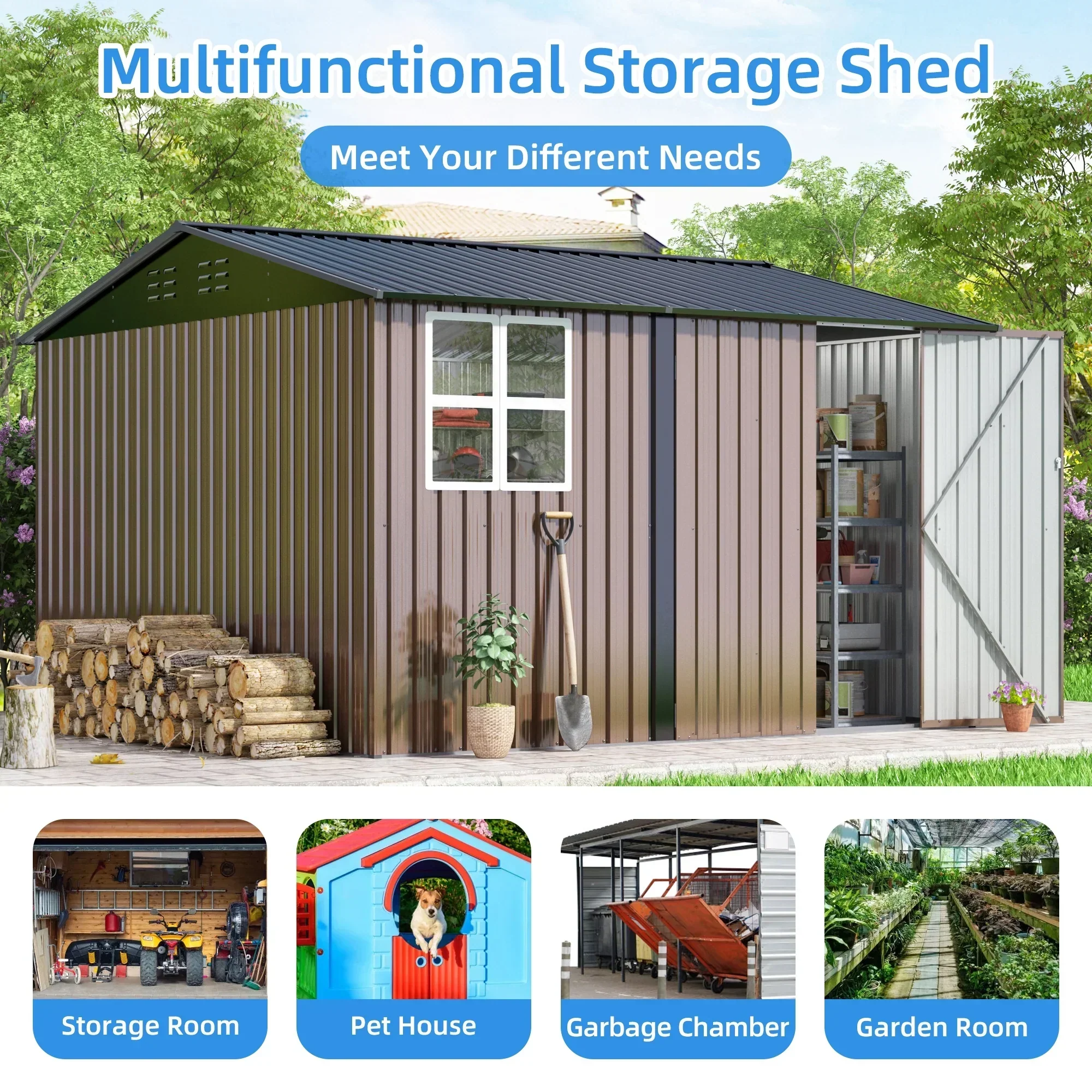JAXPETY 10 x 10 ft Outdoor Metal Storage Shed With Window And Lockable Door - Brown - Image 9 JAXPETY 10 x 10 ft Outdoor Metal Storage Shed With Window And Lockable Door - Brown - Image 9