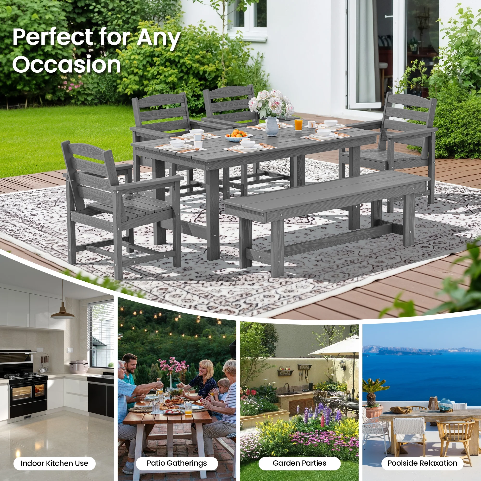 KINGYES 7-Piece Outdoor Dining Set, HDPE Patio Table and Chairs with Umbrella Hole, Gray - Image 11