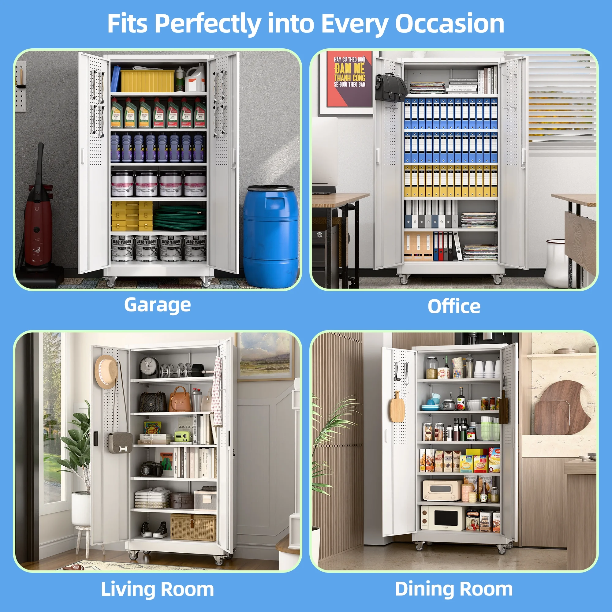 GangMei 71 inches Tall Metal Rolling Garage Storage Cabinets with Locking Doors and 5 Adjustable Shelves, Metal Storage Cabinet for Garage, Office, Home, Classroom, Assemble Required(Black) - Image 20