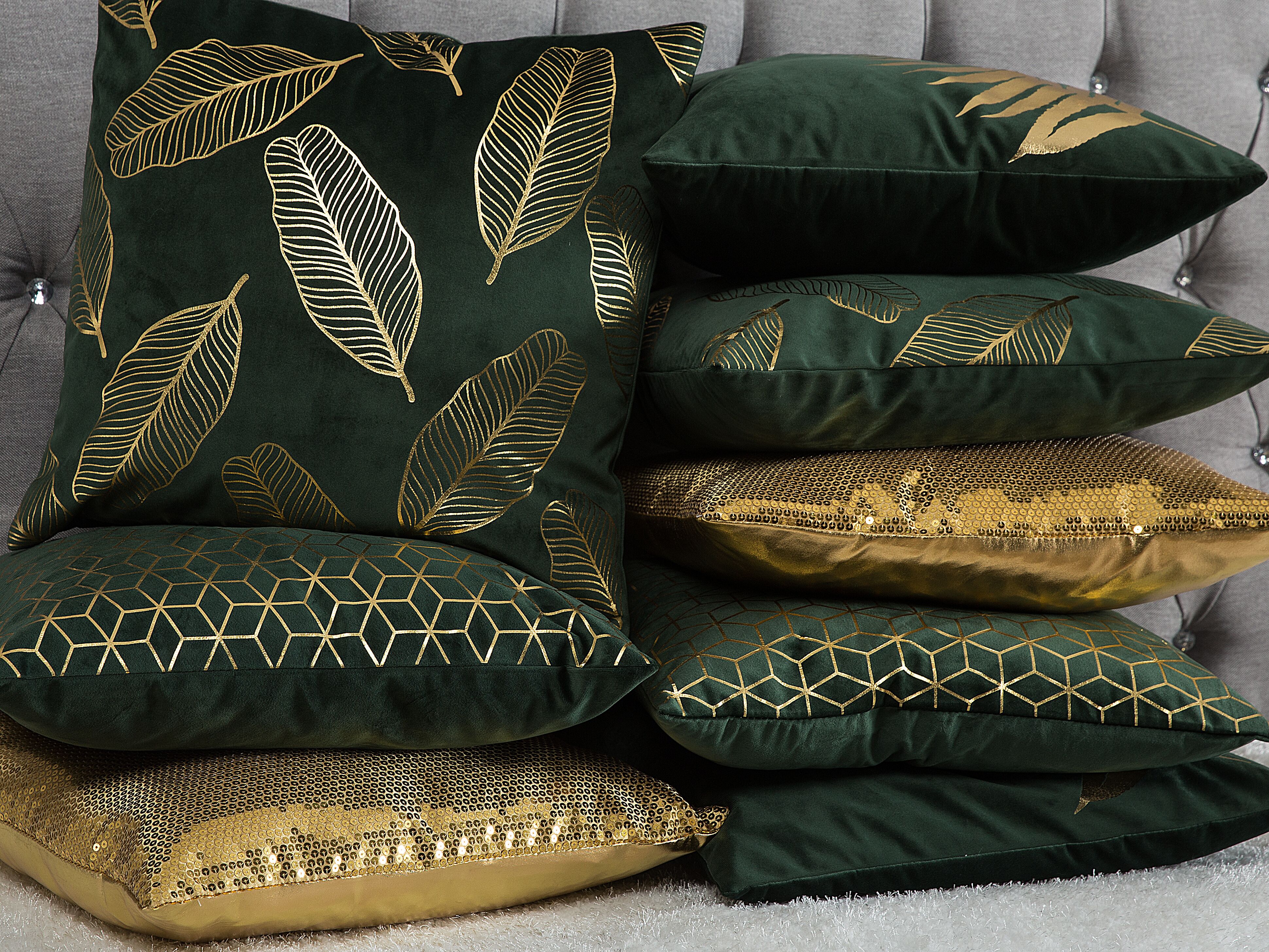 Set of 2 Decorative Cushions FERN Velvet 45 x 45 cm Dark Green Plant Pattern