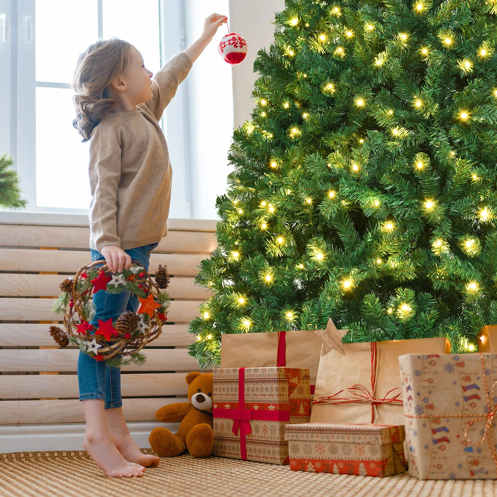 Vebreda 6FT Pre-Lit Artificial Christmas Tree with 300 Warm White LED Lights, Hinged Branch Design, Eco-Friendly PVC Needles & Foldable Metal Stand for Home, Office & Holiday D��cor - Image 9