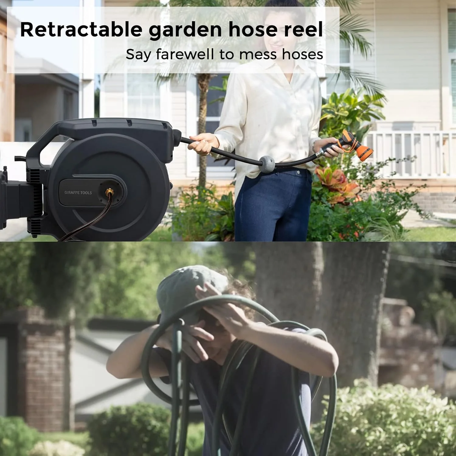 Giraffe Tools Retractable Garden Hose Reel with 1/2in-100ft Water Hose, Plastic Bracket, Wall Mounted, Dark Grey - Image 45