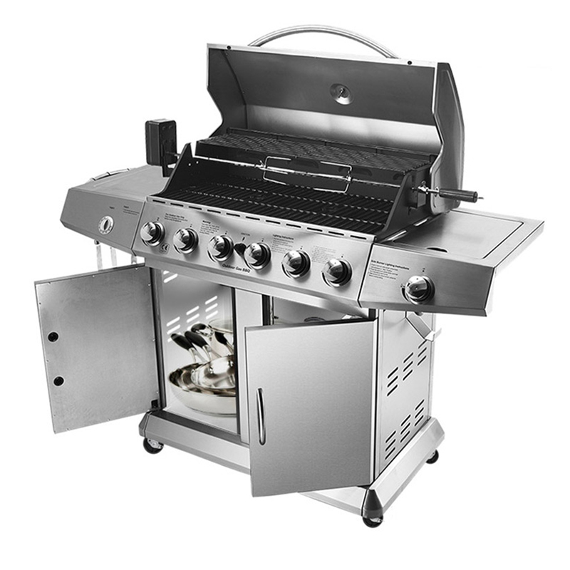 Stainless Steel 6 Burner Gas BBQ Grill Big Cooking Area Hotplate Modern Premium Design Adjustable Trolley Foldable Outdoor Use