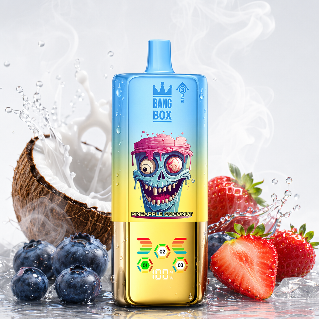 BANG BOX 80 000 puffów 3w1 – Pineapple Coconut; wskaźnik smaku 01/02/03 i poziom baterii