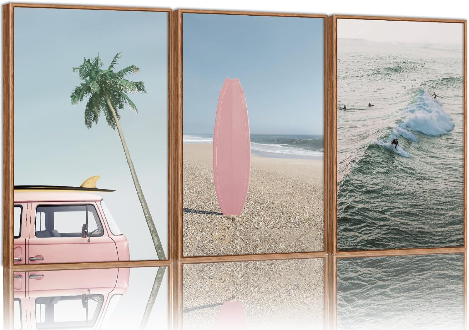Tinonedraw Large Ocean Beach Framed Canvas Wall Art, Summer Coastal Surfboard Wall Decor, Palm Tree Pink Car Artwork, Modern Surfing Seascape Art Prints for Living Room Bedroom Office 16