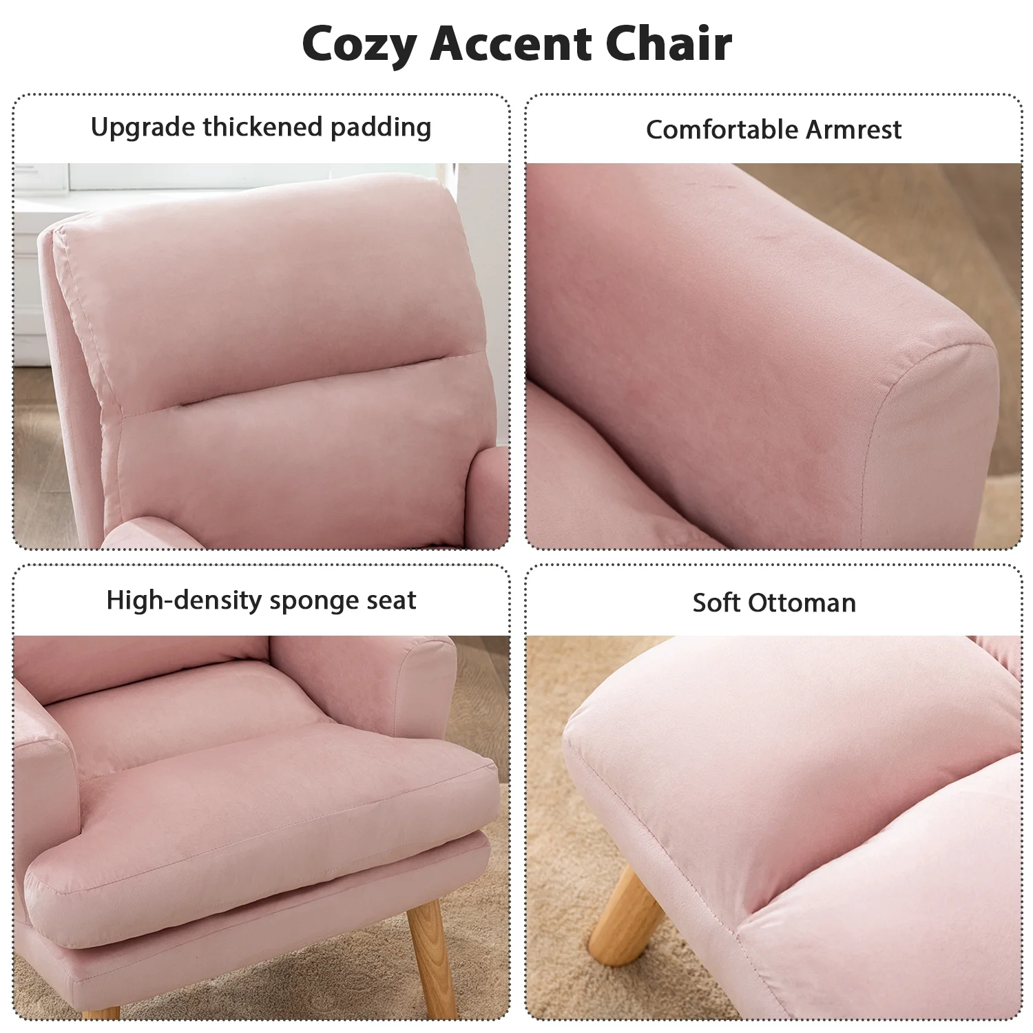 Bestier Adjustable Accent Chairs with Ottoman, Velvet Fabric Armchair for Bedroom Living Room, Comfy Lounge Chair with Padded Backrest and Side Pocket, Soft Reading Chair, Beige - Image 11