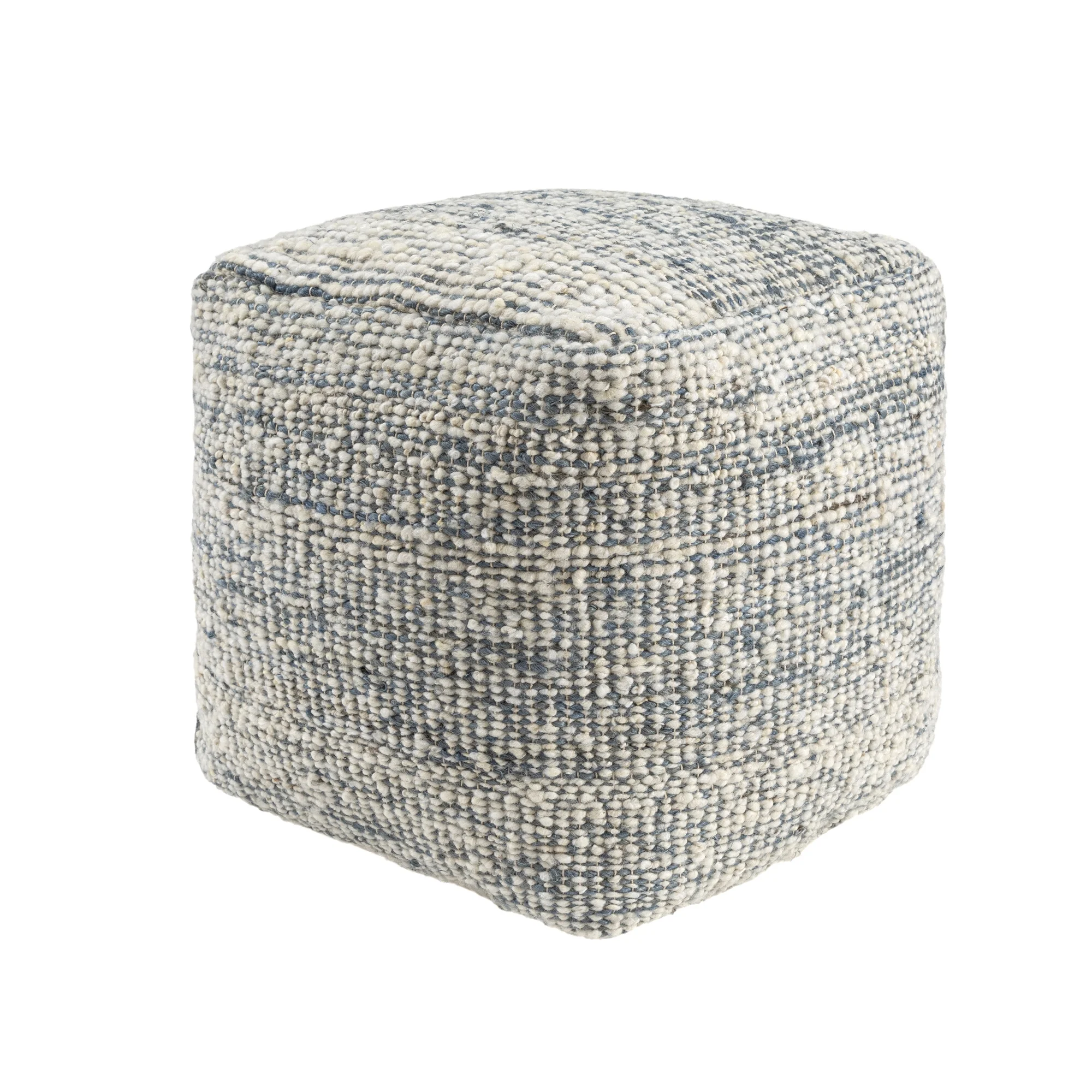 Ox Bay Shiela Square Ivory/Blue Distressed Indoor Pouf Ottoman, 18
